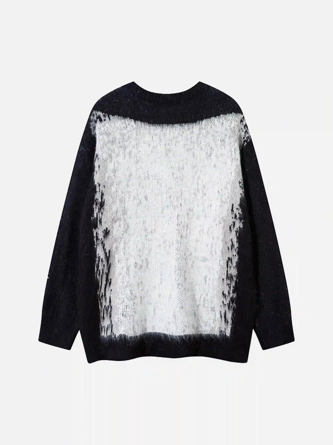 Back view of a TALISHKO sweater showcasing a bold black and white contrast design.