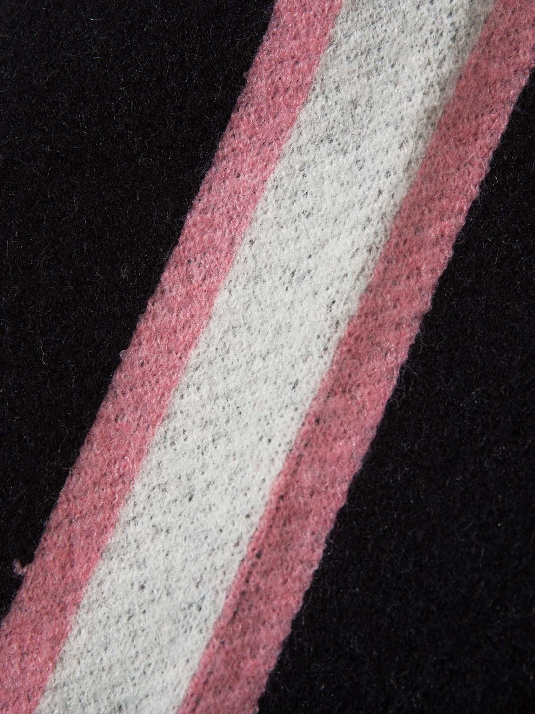 "Zoomed-in texture of TALISHKO sweater highlighting pink and white contrast stripes."