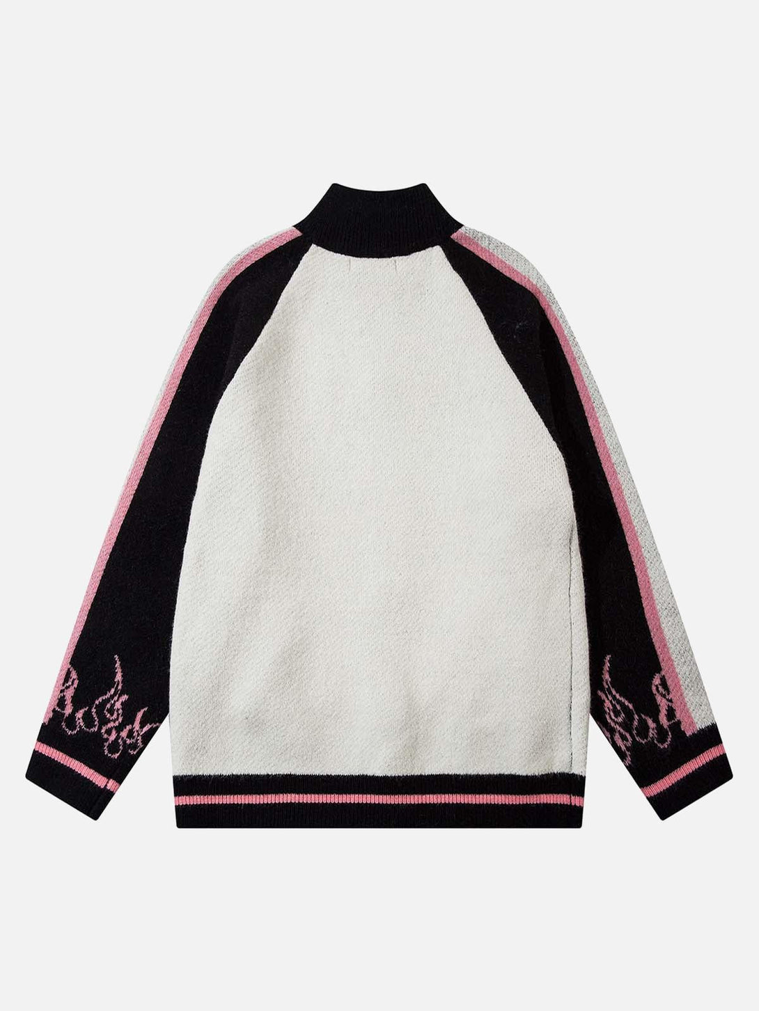 Back view of TALISHKO contrast color jacquard sweater highlighting bold pink and black accents.