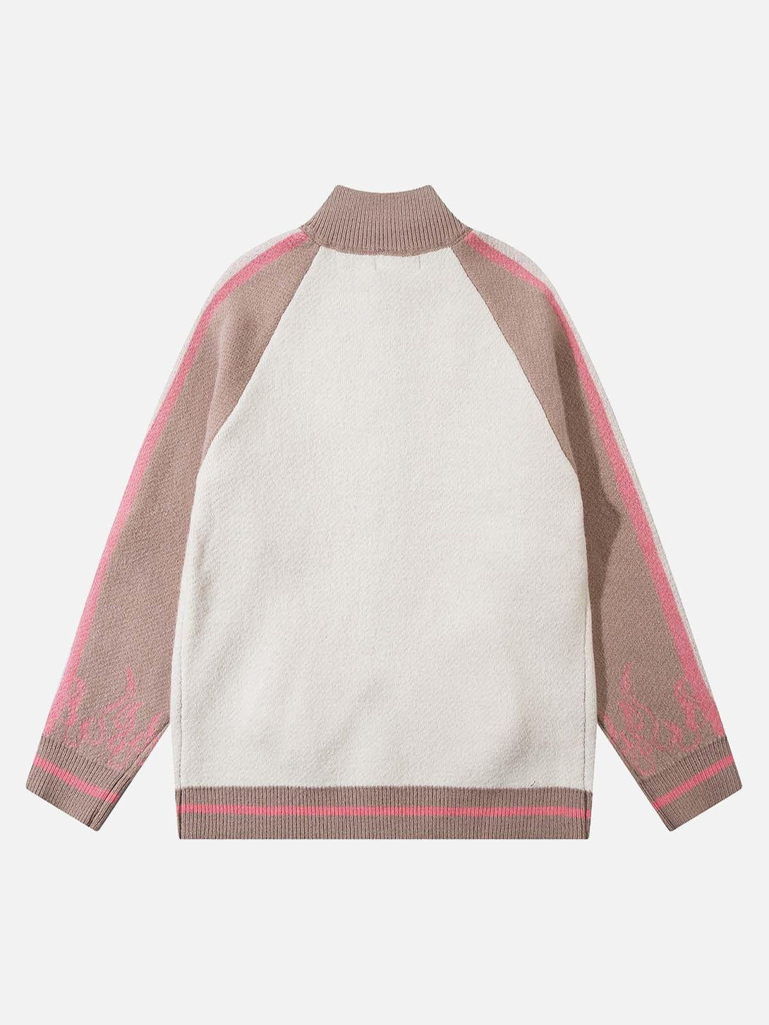 Back view of TALISHKO mock neck sweater with contrast colors and pink graphic accents.