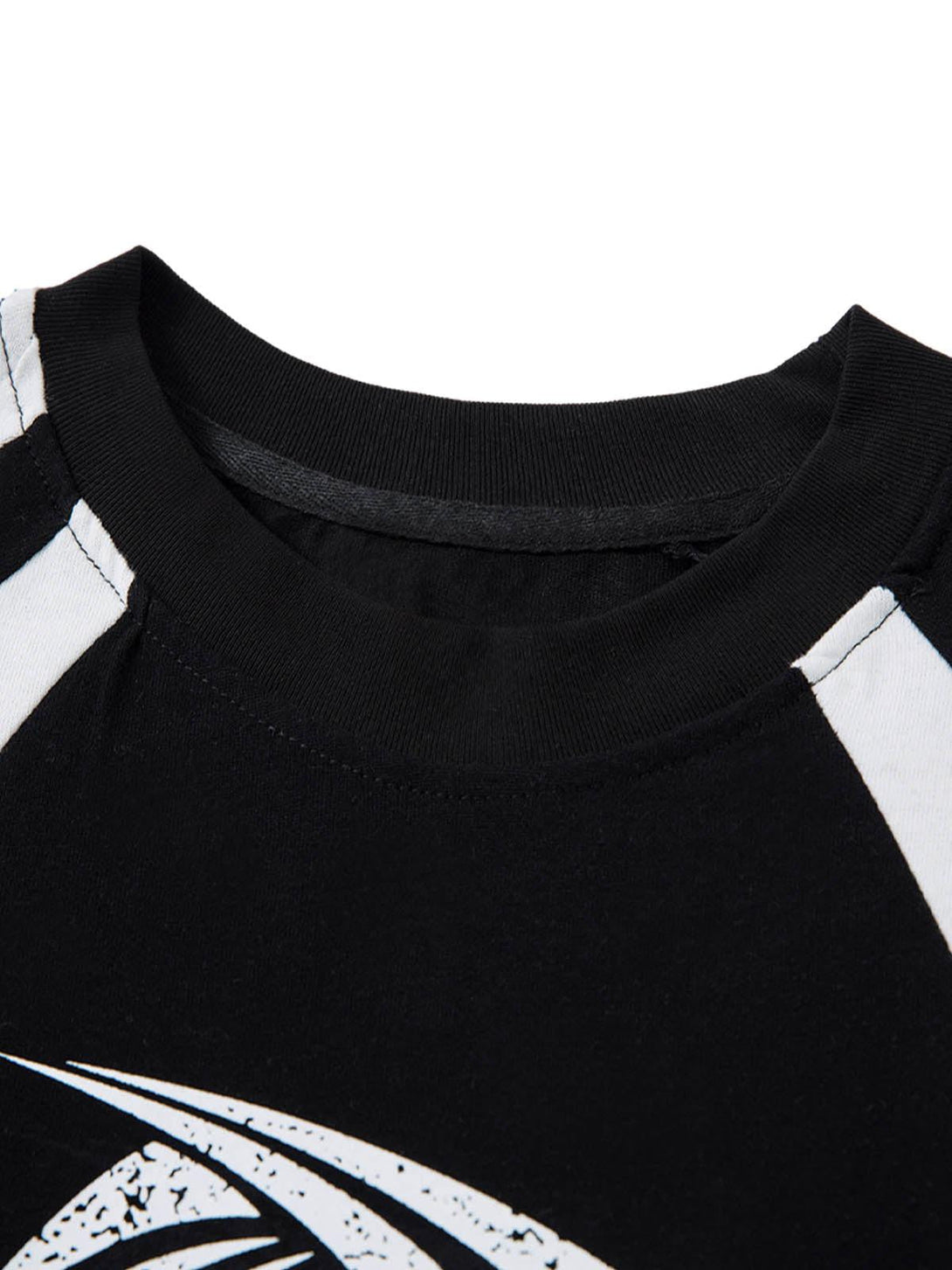 A detailed view of the TALISHKO motorcycle print T-shirt's neckline and contrast stitching.