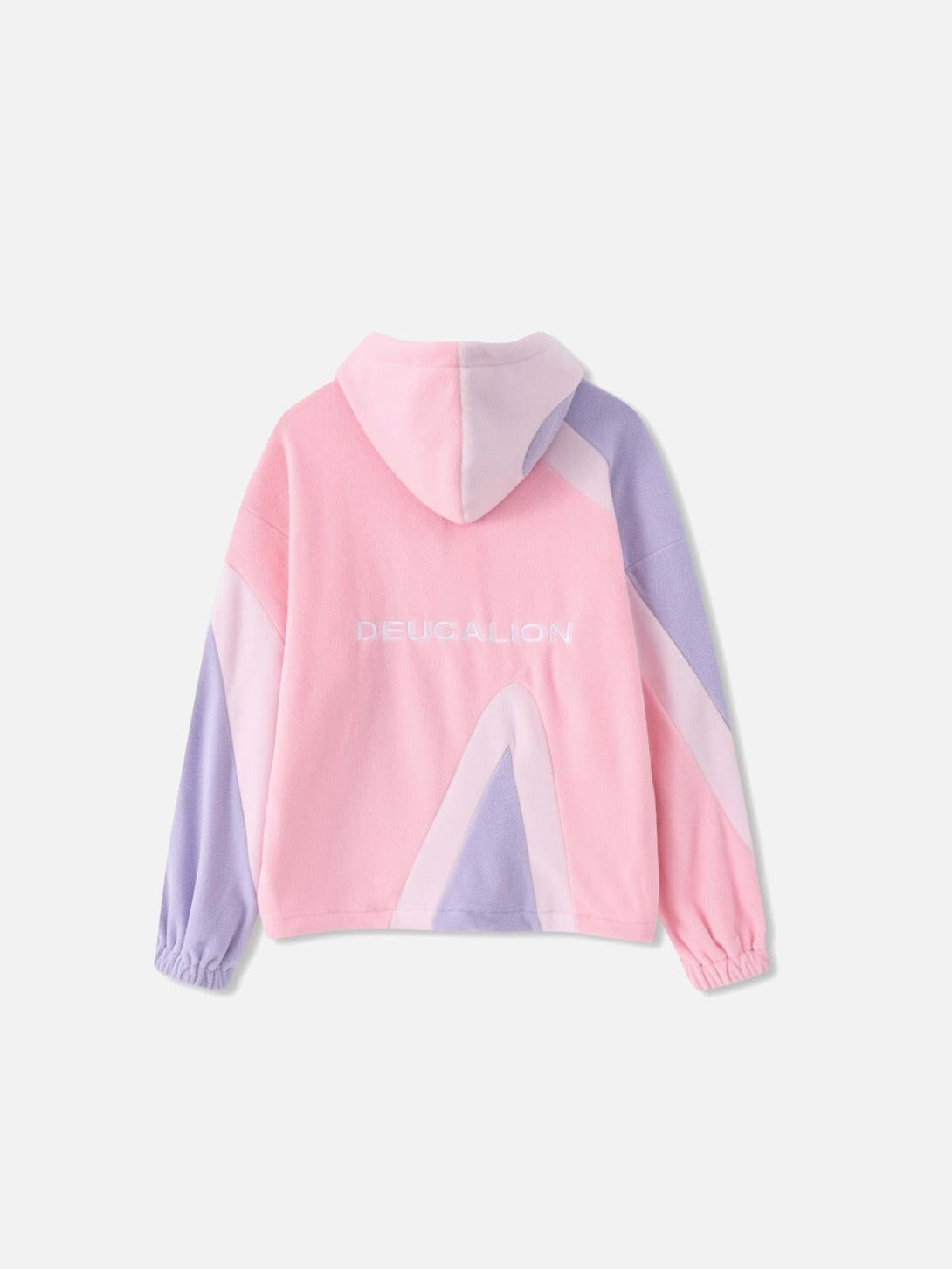 Back view of TALISHKO's pastel contrast panel hoodie, featuring playful pink and purple tones.