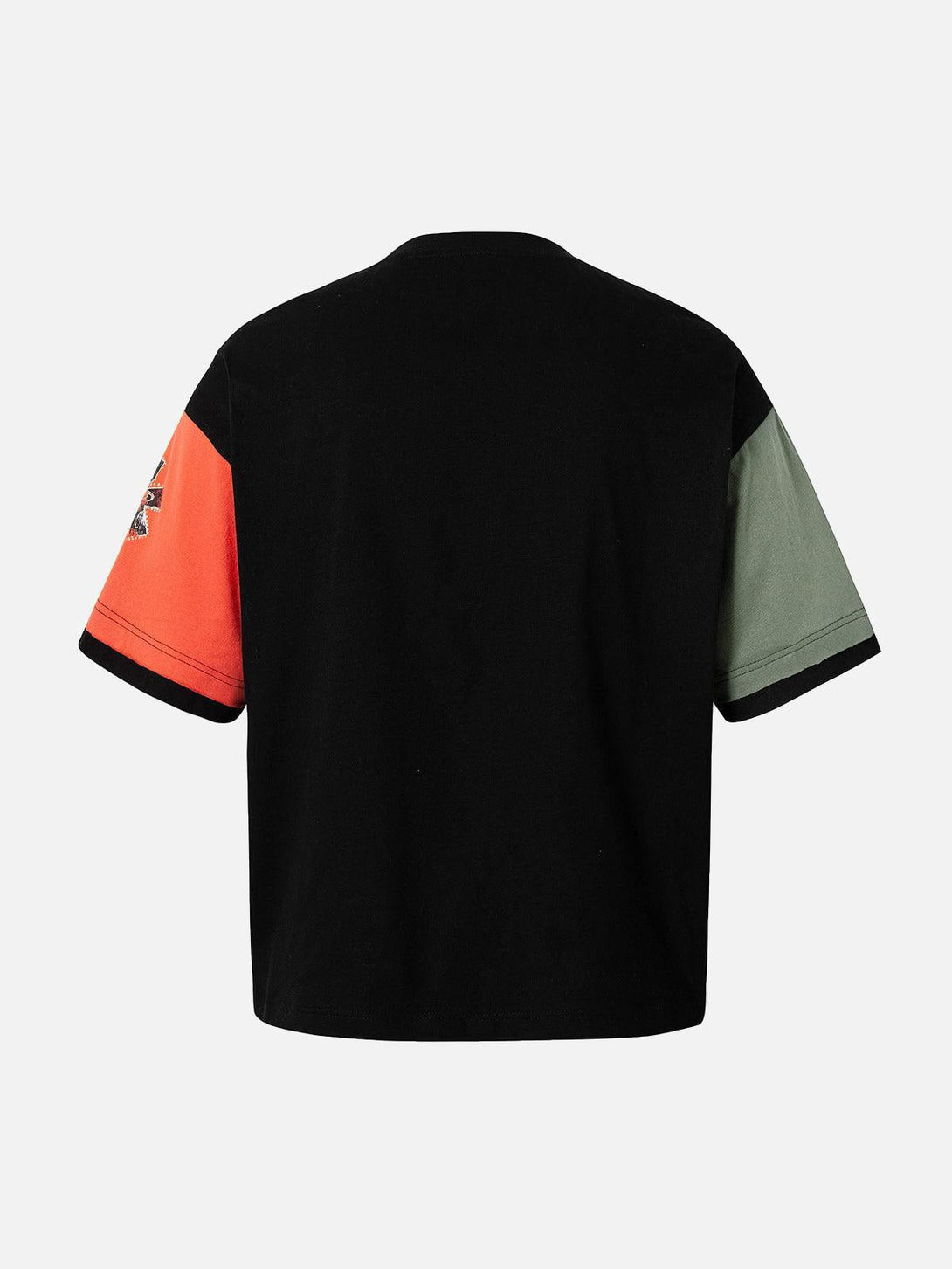 Back view of a TALISHKO contrast color patchwork T-shirt with vibrant sleeves and unique design.
