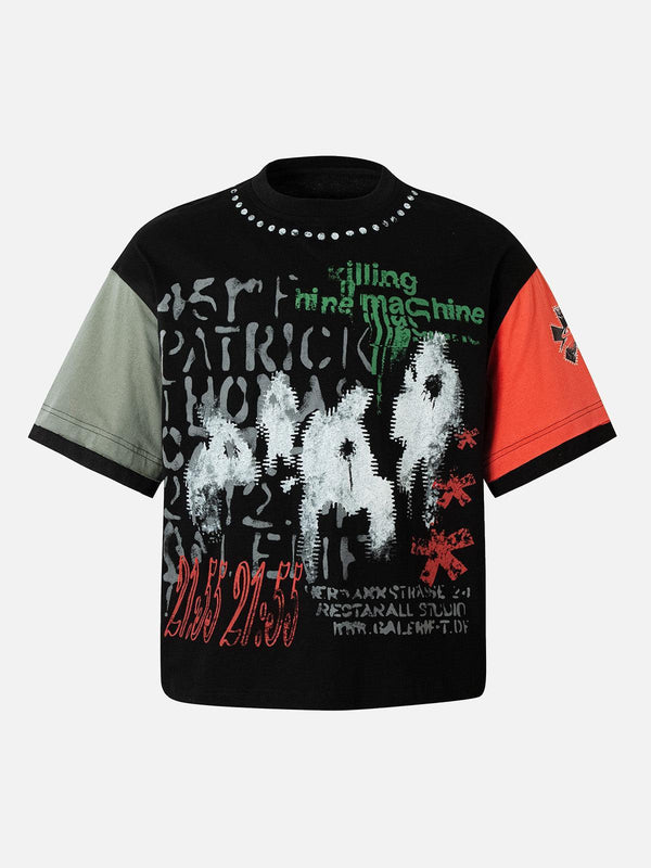 TALISHKO patchwork print T-shirt featuring bold graphics and contrast sleeves for a unique look.