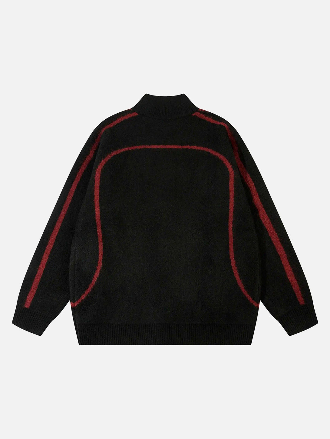 Back view of a black zip-up cardigan by TALISHKO, featuring bold red racing stripes.