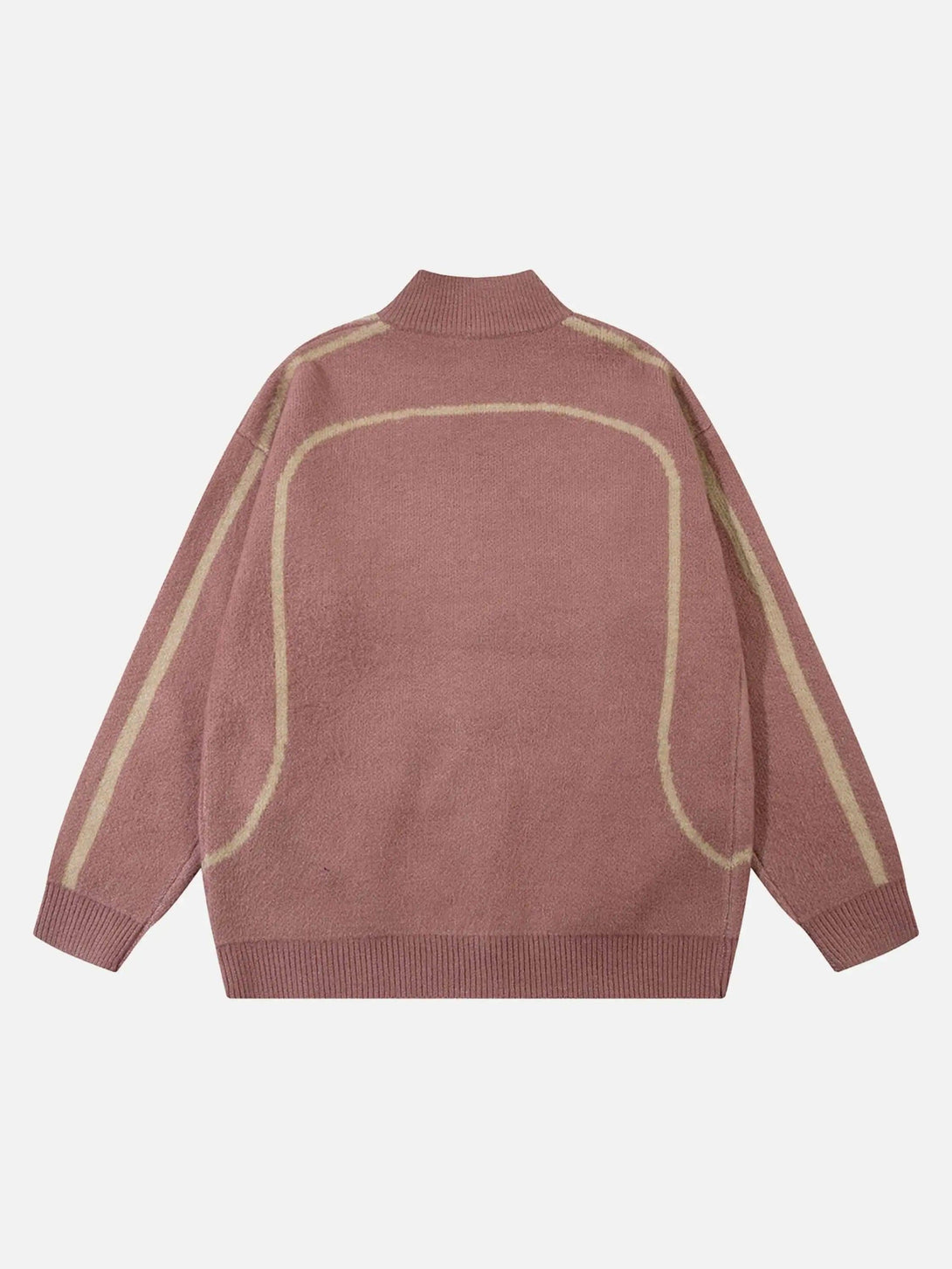 Back view of a pink TALISHKO zip-up cardigan with contrasting racing-inspired patterns.
