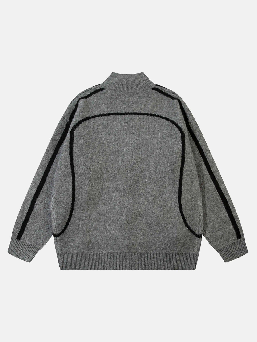 Back view of a gray zip-up cardigan by TALISHKO with bold, contrasting racing stripes.