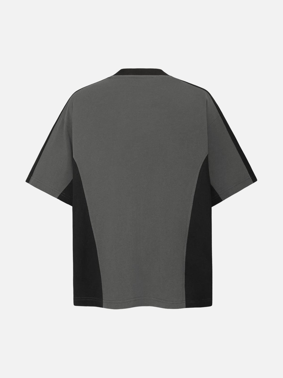 Back view of TALISHKO contrast short sleeve T-shirt in dark gray and black, relaxed fit.