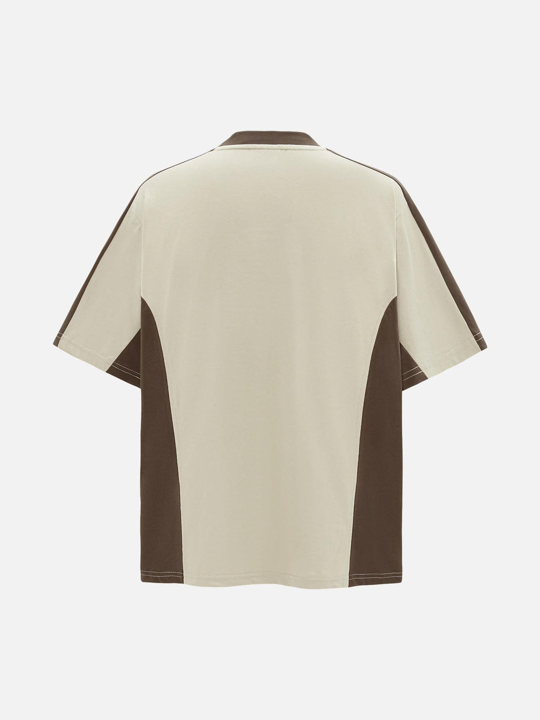 Back view of a TALISHKO short sleeve T-shirt featuring beige and brown contrast panels.