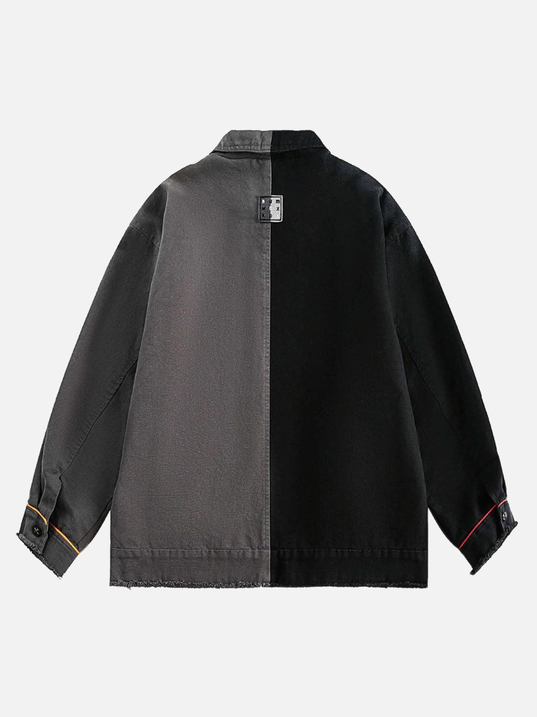 Back view of a TALISHKO contrast spliced jacket, highlighting its unique two-tone design.