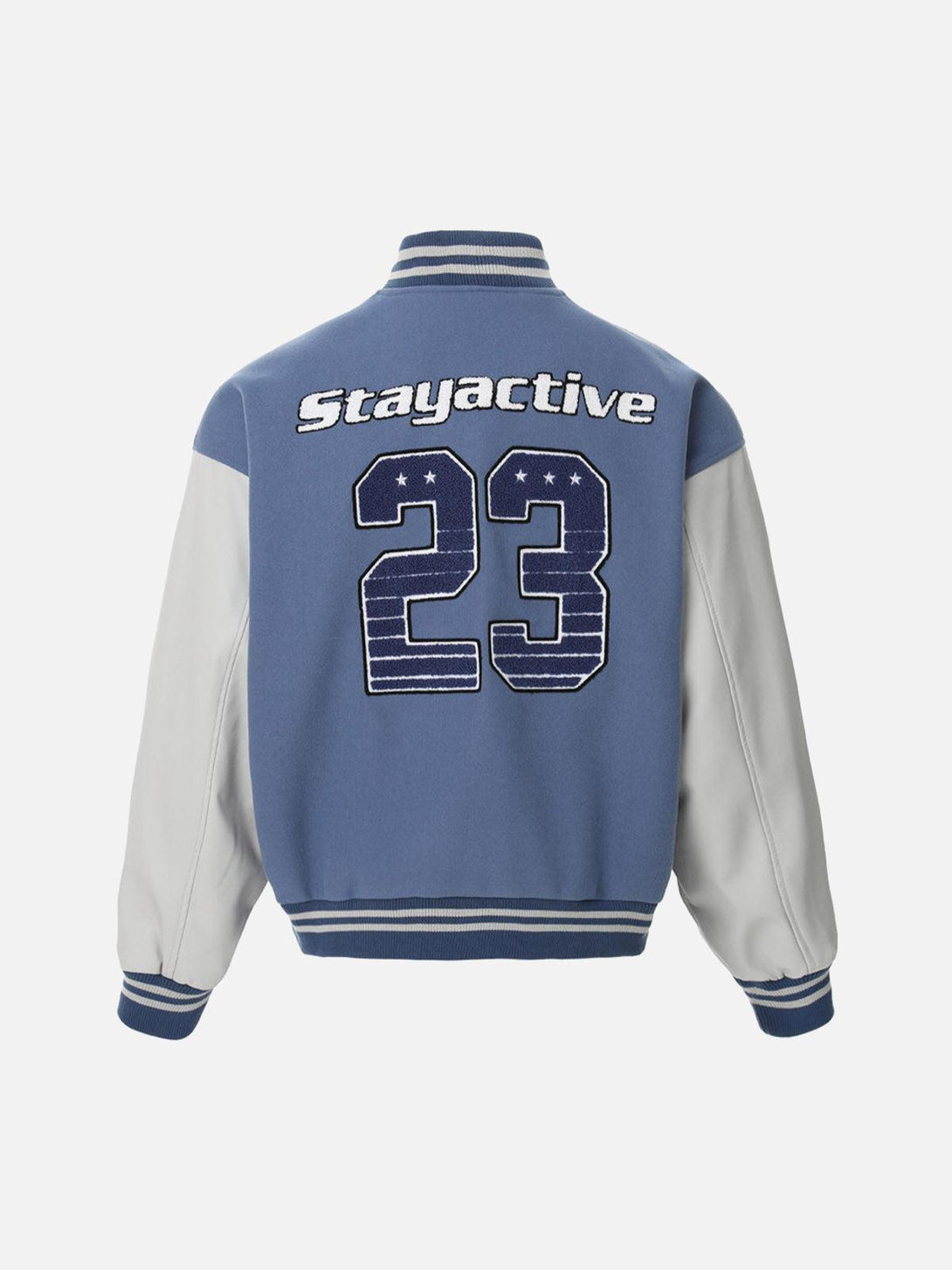 Back view of a TALISHKO bomber jacket in blue and white, featuring "Stayactive" embroidery.