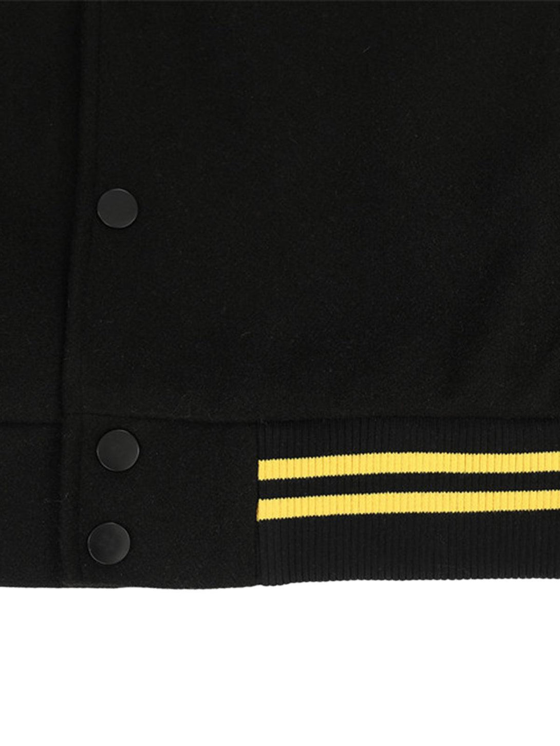 Focusing on the TALISHKO bomber jacket's black fabric with yellow striped detailing.