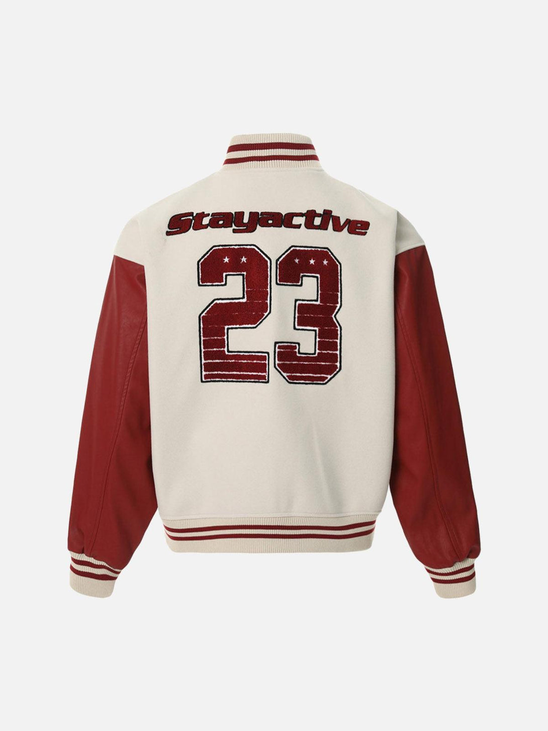Back view of TALISHKO bomber jacket with red sleeves and "Stayactive" embroidery in white.