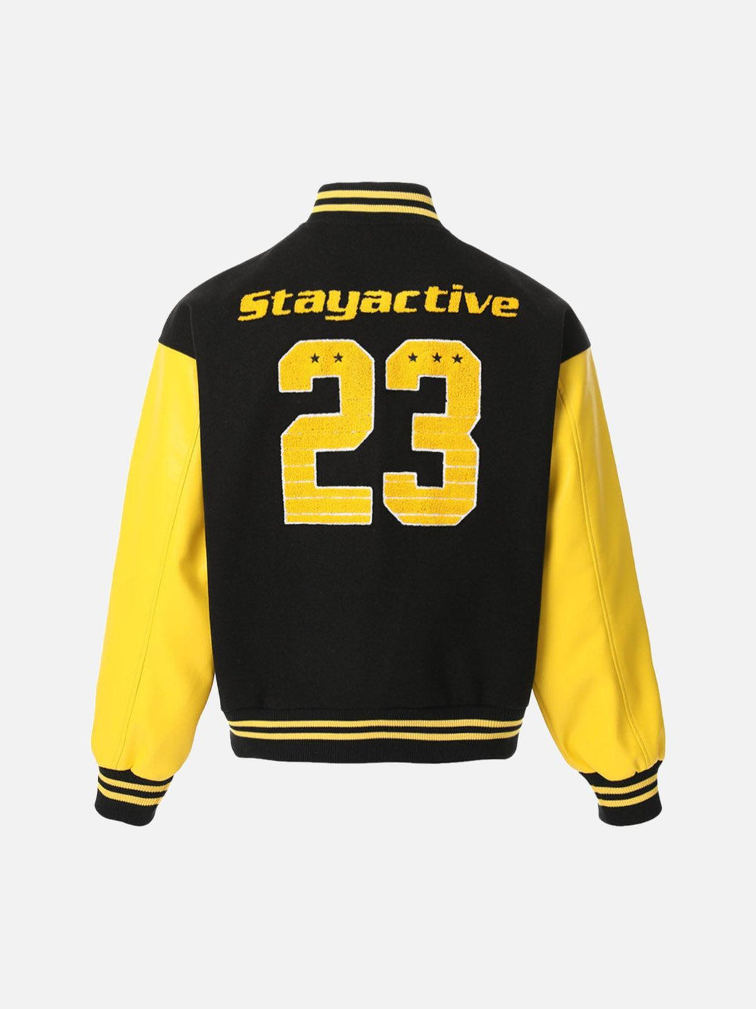 Back view of TALISHKO bomber jacket in black and yellow with bold "Stayactive" embroidery.