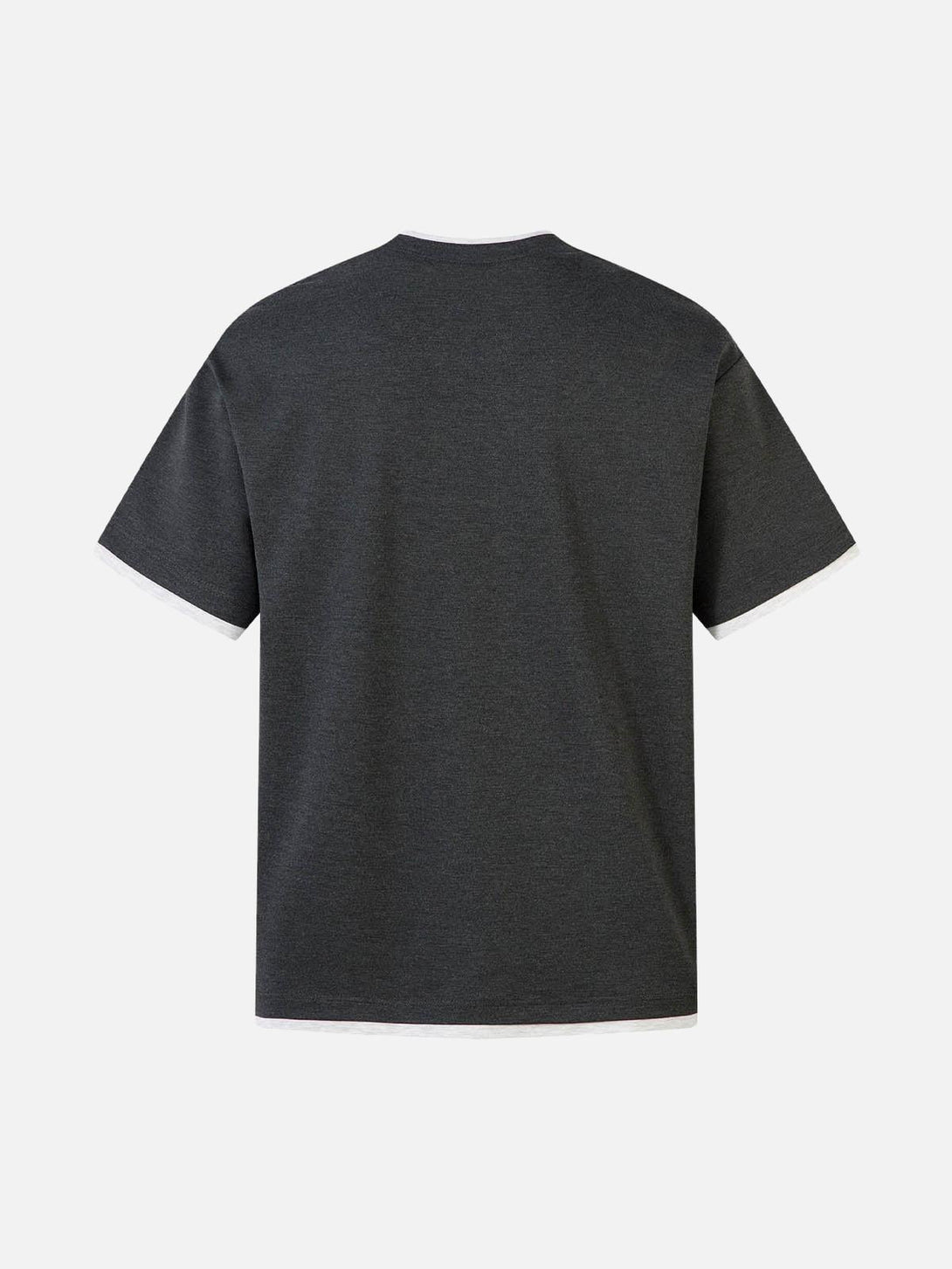 Back view of a dark gray faux two-piece T-shirt with contrast stitching by TALISHKO.