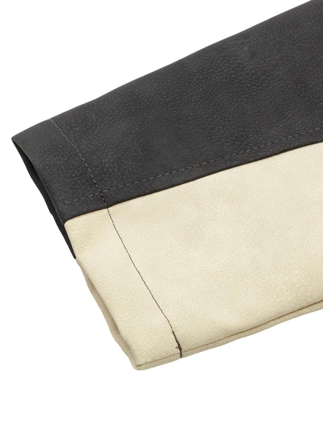 Intricate look at the black and beige sleeve detail on a TALISHKO suede PU leather jacket.