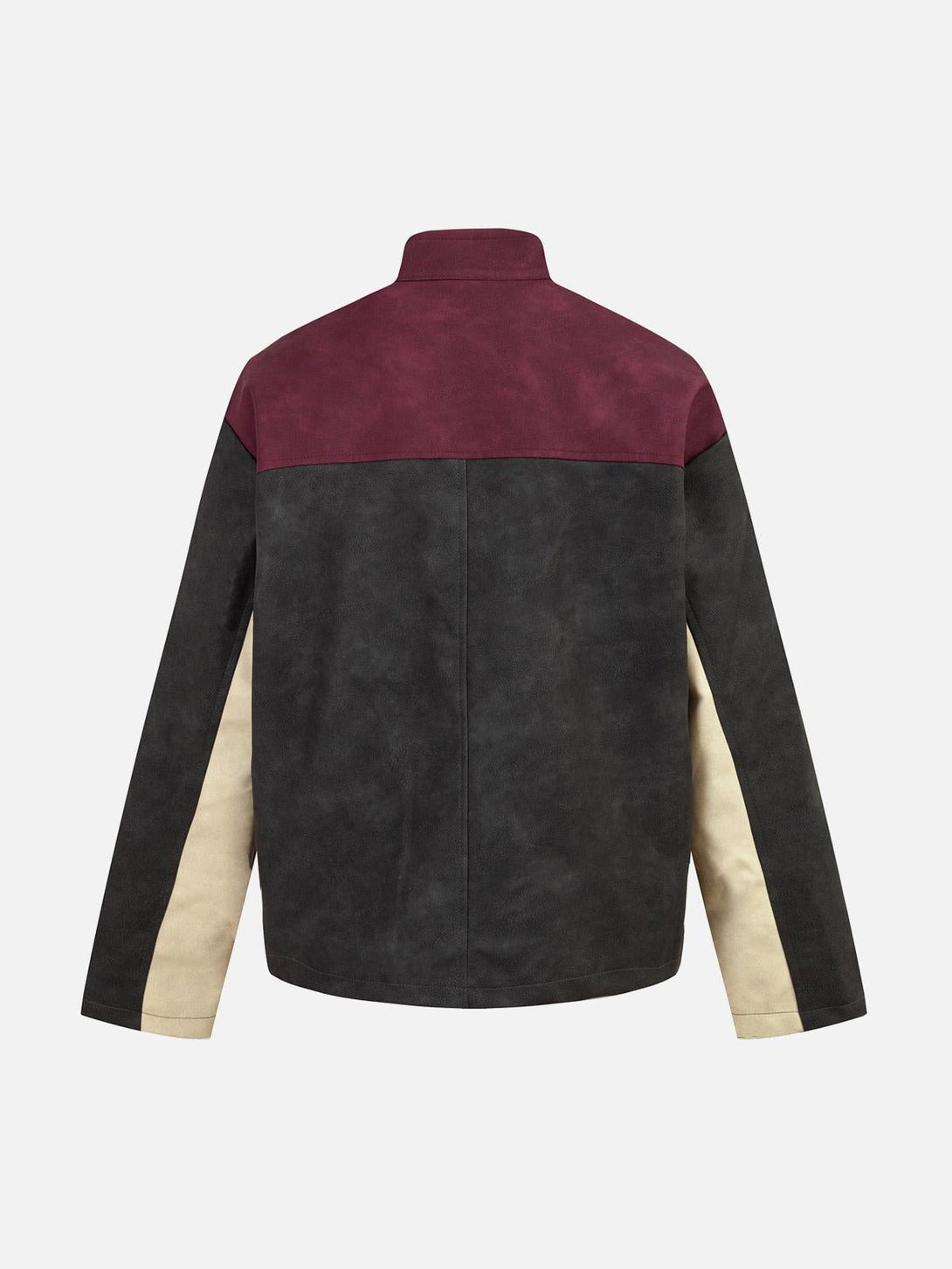 Back view of a stylish contrast suede PU leather jacket by TALISHKO, showcasing unique color blocking.