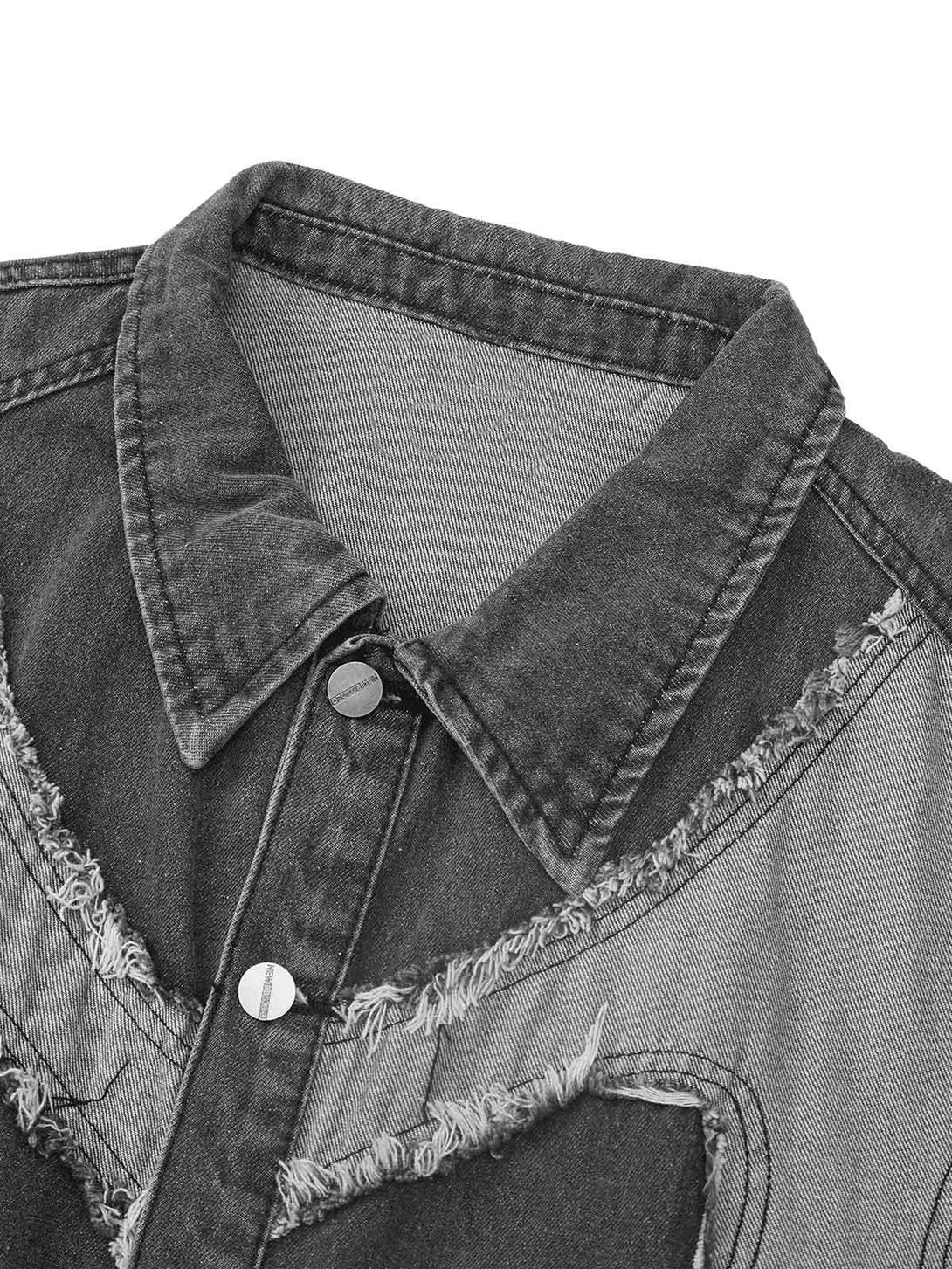 Intricate look at TALISHKO's denim vest, highlighting frayed edges and heart stitching.