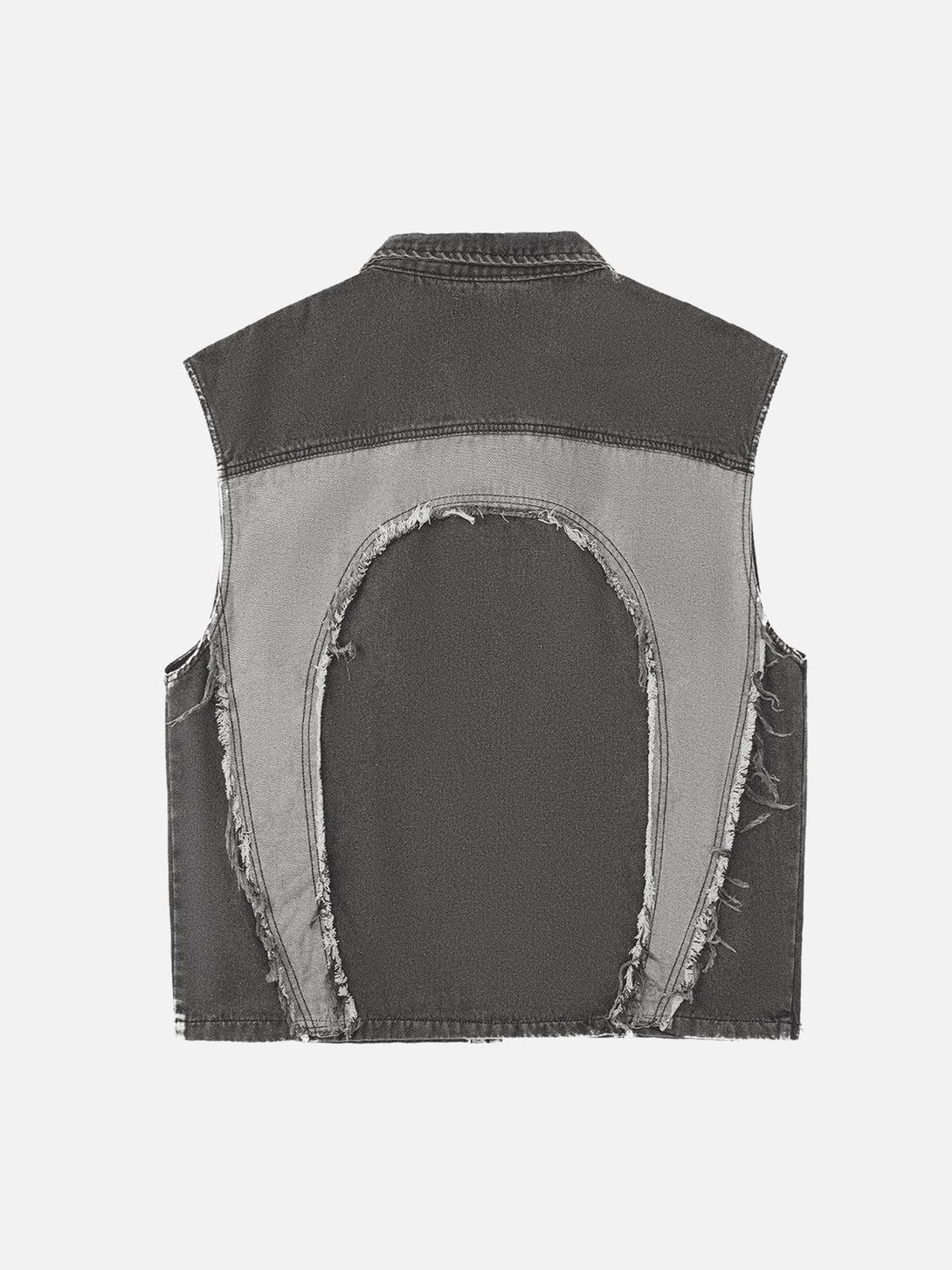 Back view of TALISHKO denim vest with contrast stitching and frayed edges, ideal for layering.