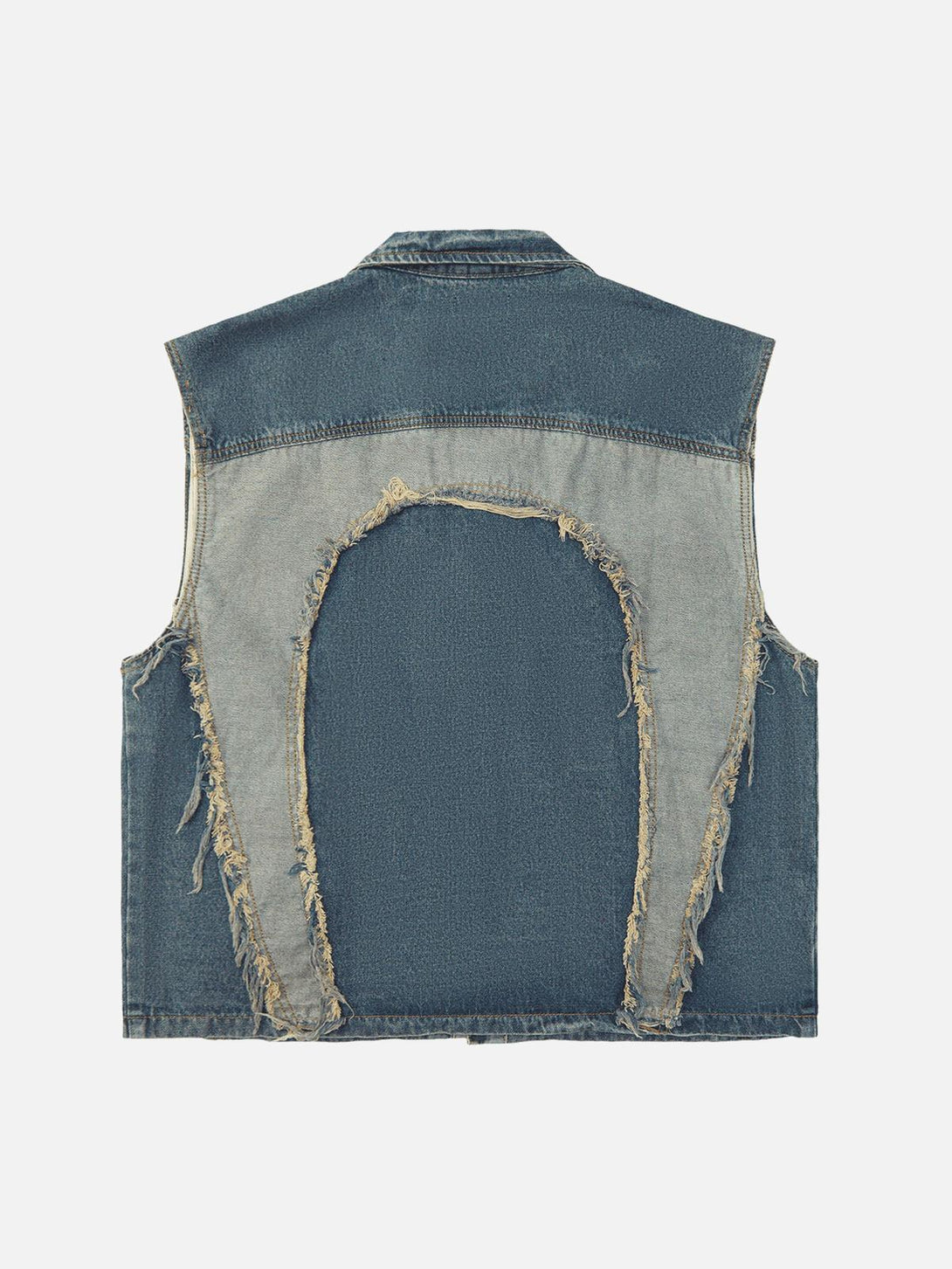Back view of TALISHKO denim vest featuring distressed heart stitching and frayed details.