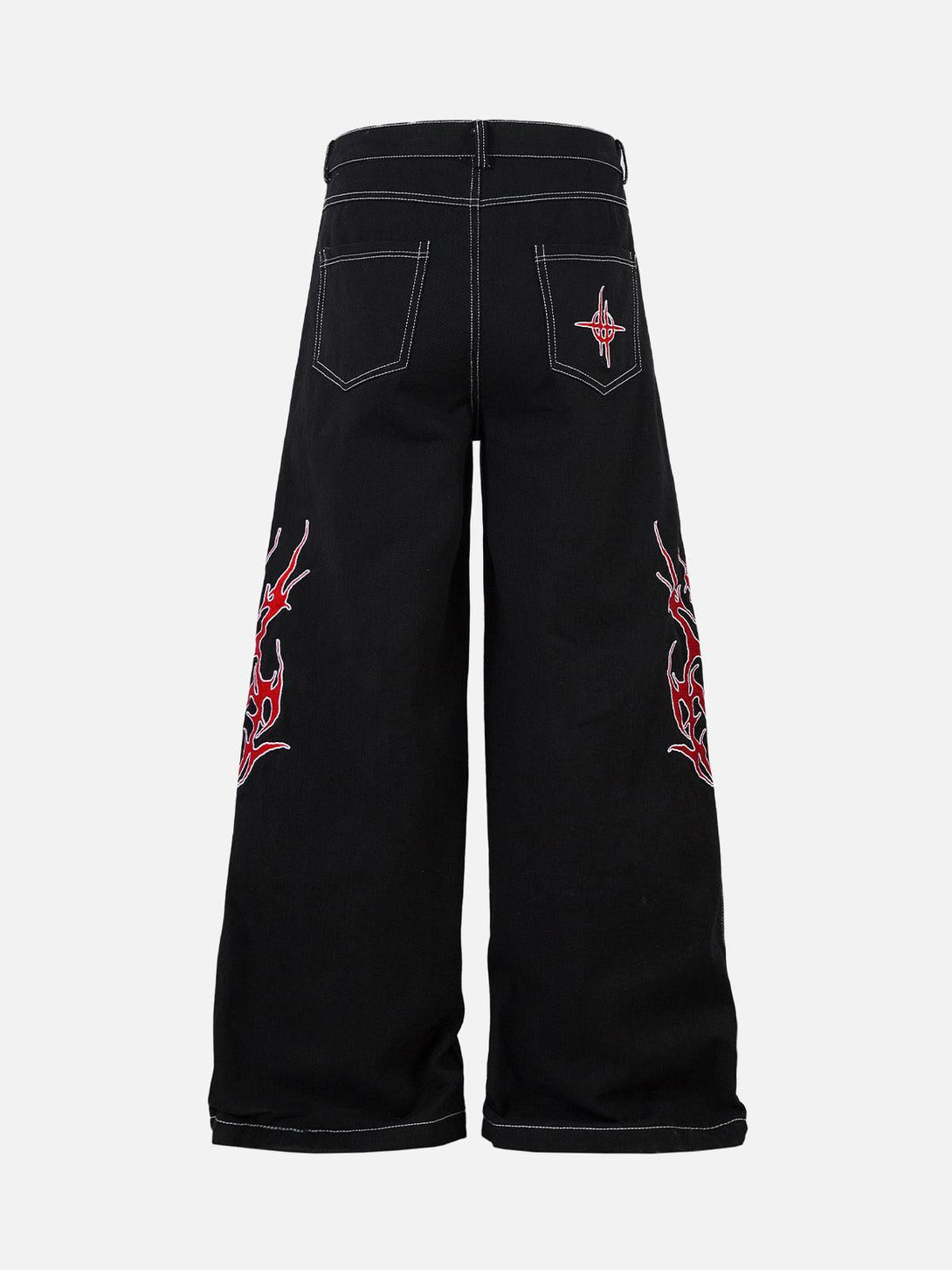Back view of TALISHKO's black baggy jeans, showcasing red flame embroidery for a bold look.