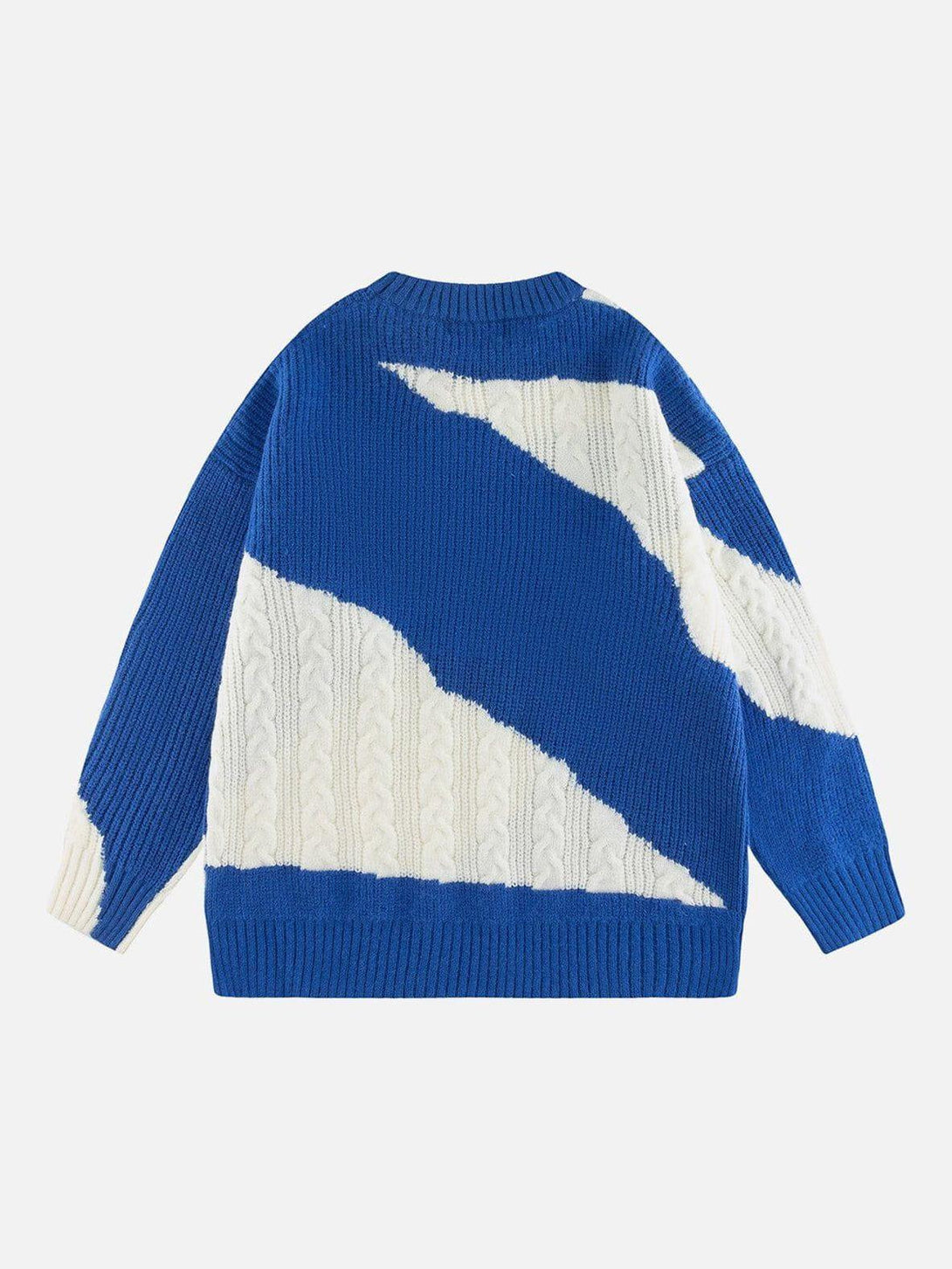 Back view of a blue and white knit sweater with an abstract pattern by TALISHKO.