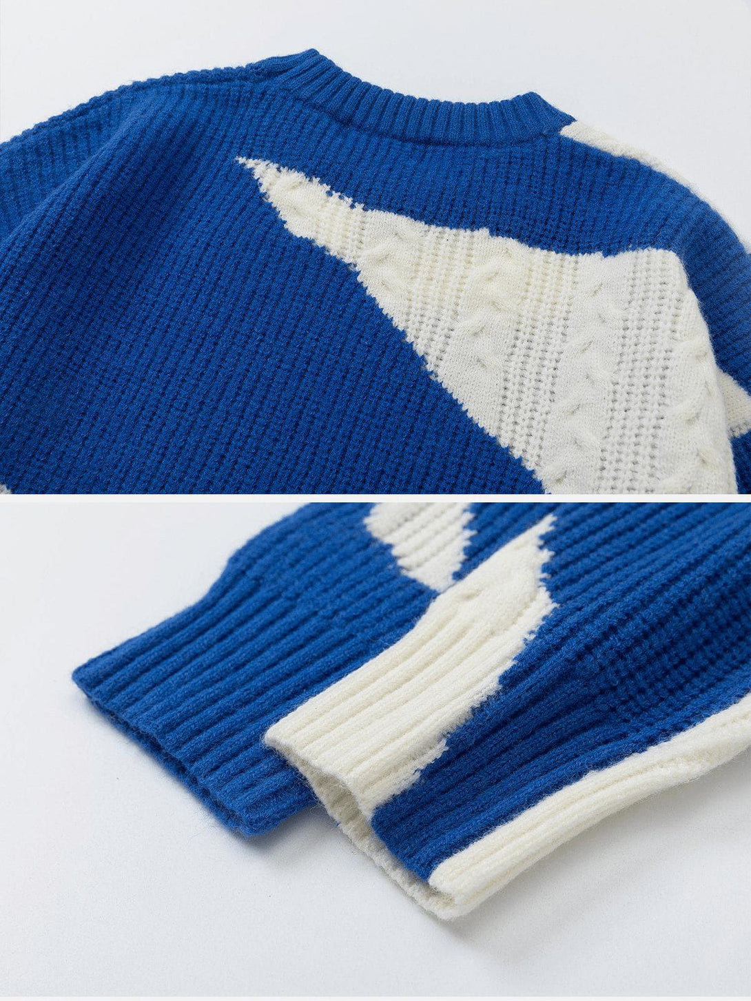 Intricate look at the blue and white knit pattern on a TALISHKO sweater, showcasing its design.