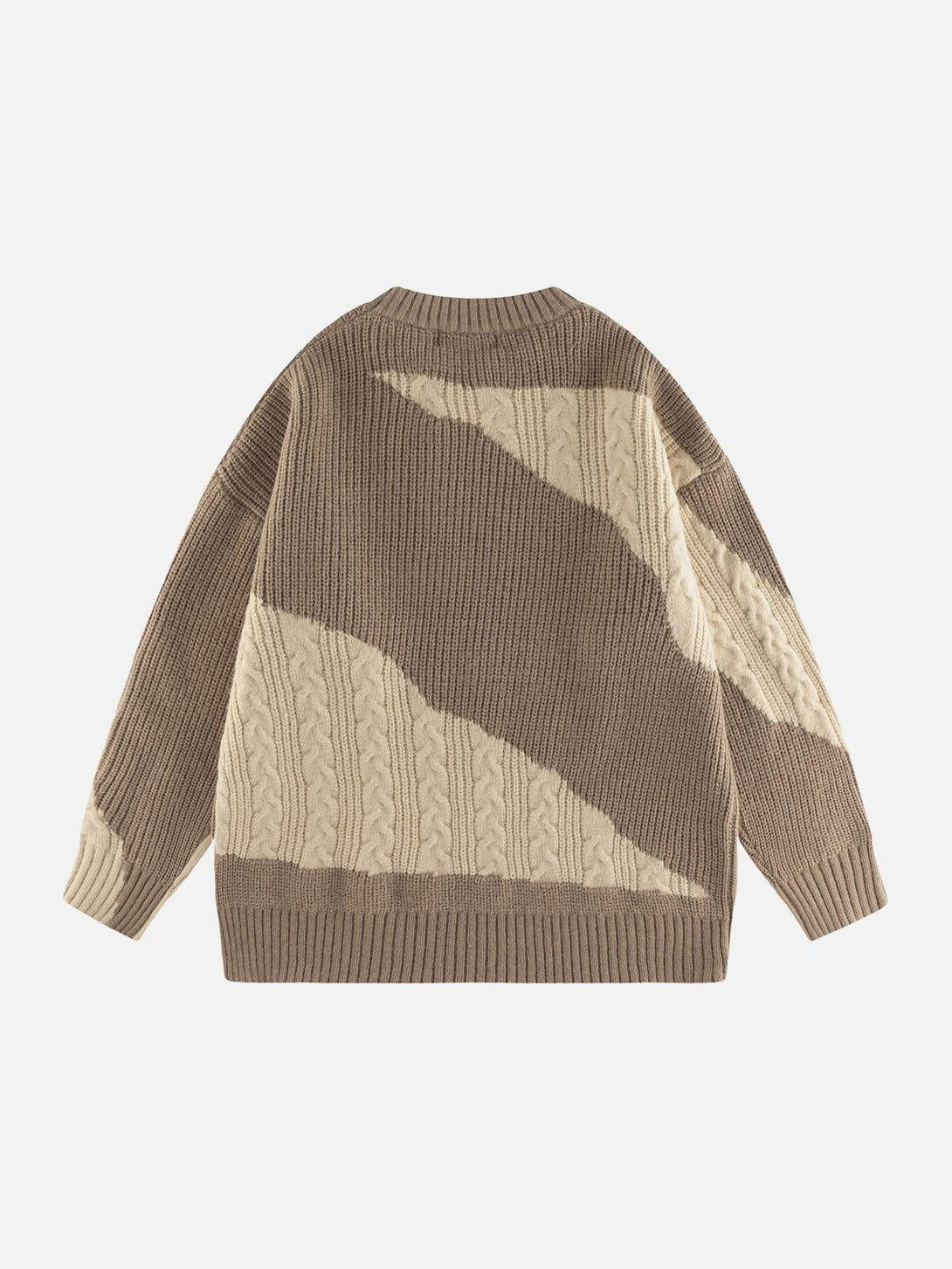 Back view of a TALISHKO contrast knit sweater in beige tones with an irregular pattern.