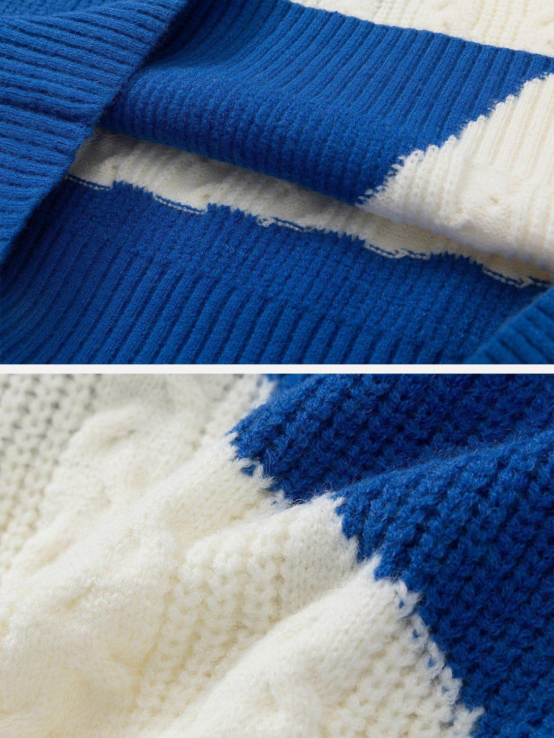 Detailed fabric and stitching of a TALISHKO knit sweater, highlighting its blue and white pattern.