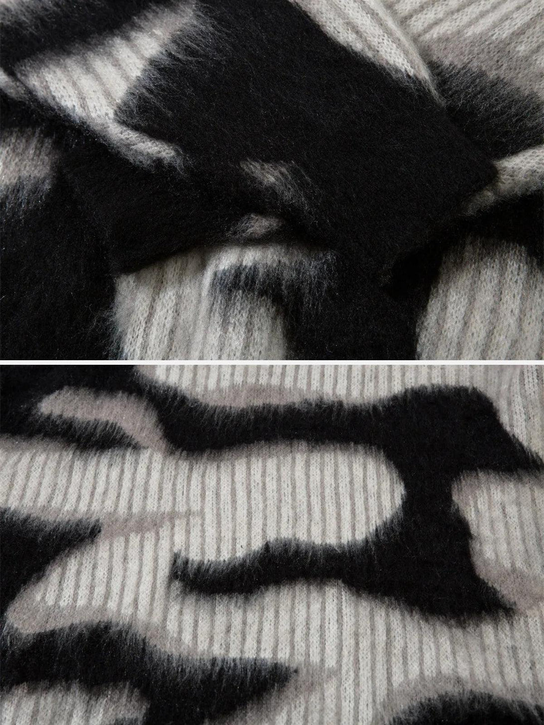 Intricate look at TALISHKO's mohair sweater pattern, showcasing bold black and white textures.