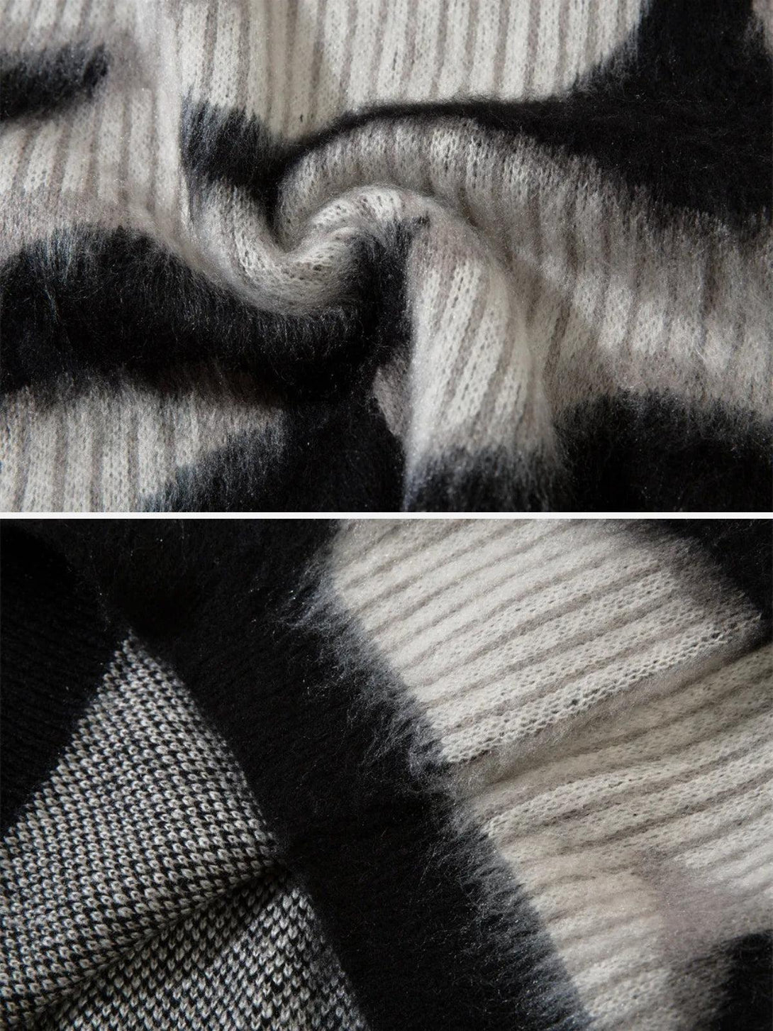 Detailed fabric and texture of TALISHKO's contrast mohair sweater, highlighting its softness.