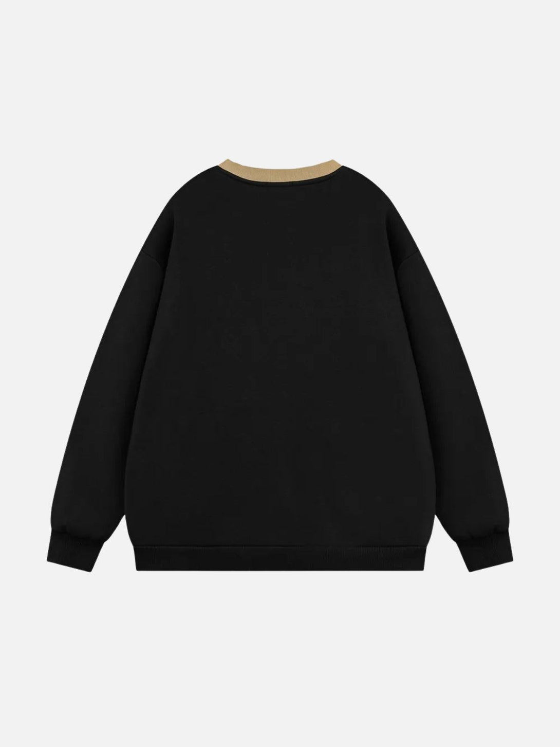 Back view of a black TALISHKO sweatshirt showcasing simple, clean design and contrast collar.