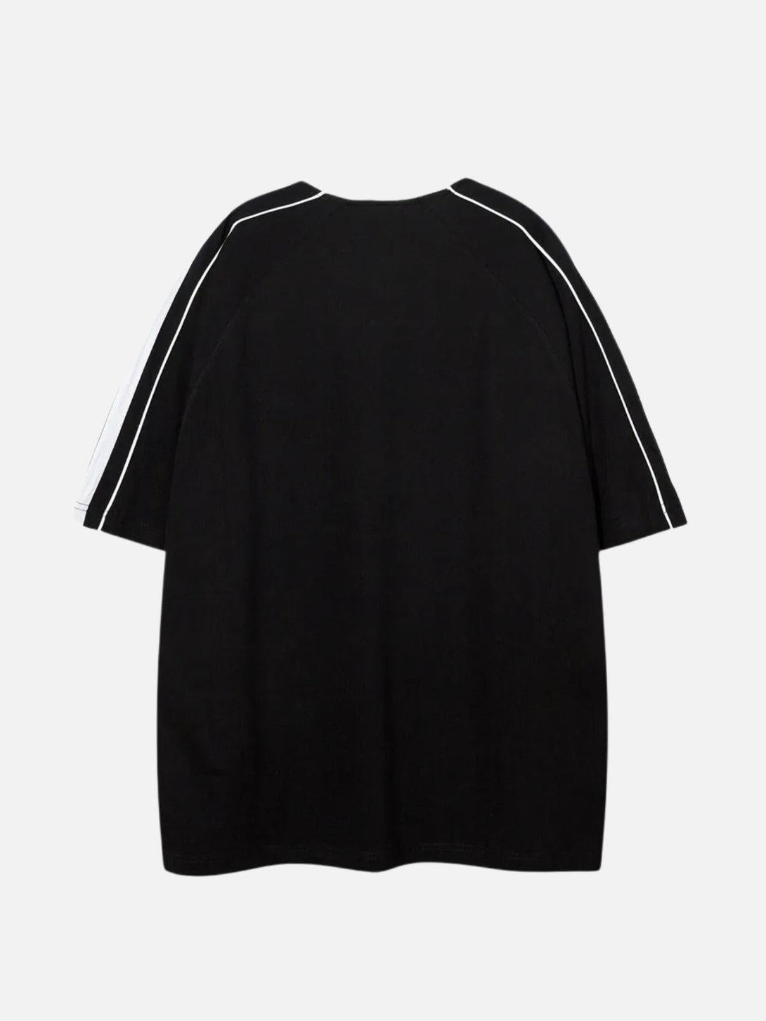 Back view of black raglan sleeve tee with contrast panels, crafted by TALISHKO.
