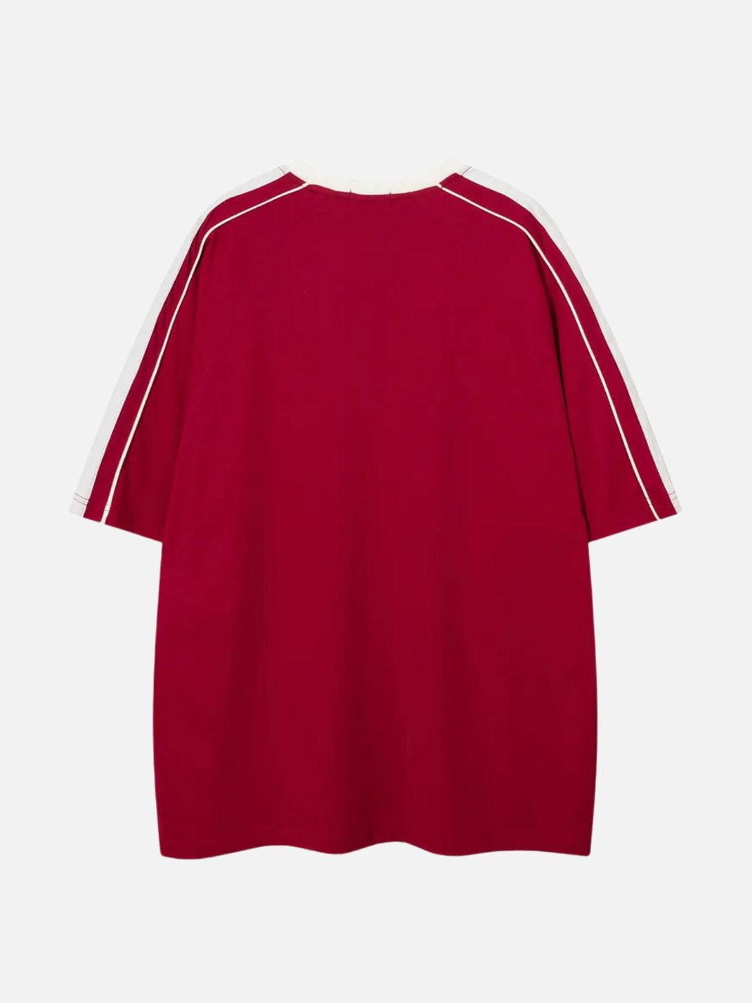Back view of a red raglan sleeve tee with contrast panels, designed by TALISHKO.