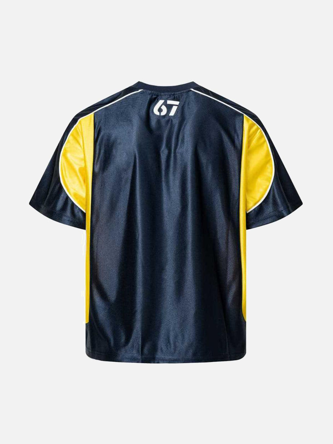 Back view of a navy and yellow jersey T-shirt with contrast stitching by TALISHKO.