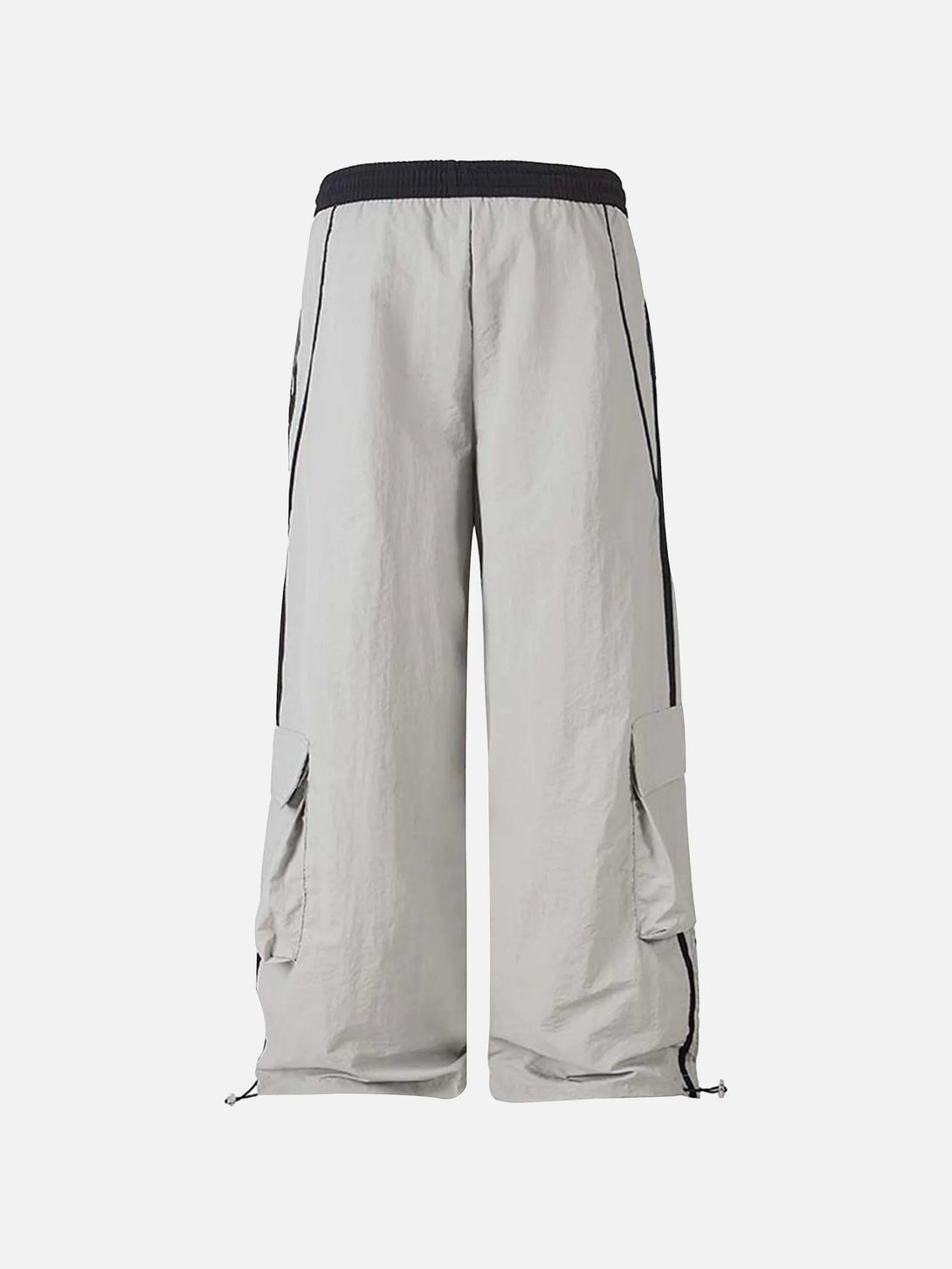 Back view of TALISHKO gray sweatpants featuring contrast stripes and cargo pockets.