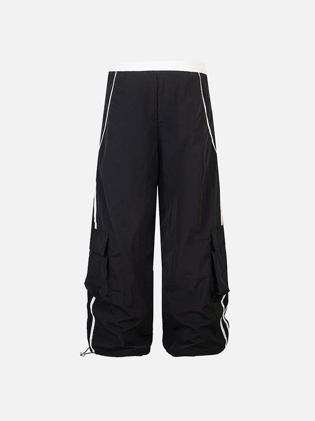 Front view of TALISHKO black sweatpants with contrast stripes and cargo pockets.