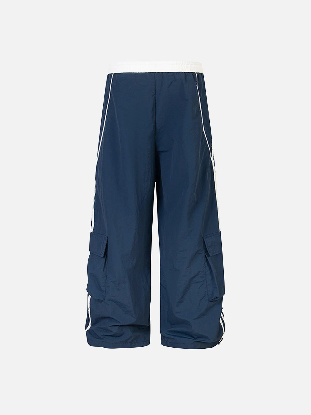 Back view of navy sweatpants with contrast stripes and cargo pockets by TALISHKO.