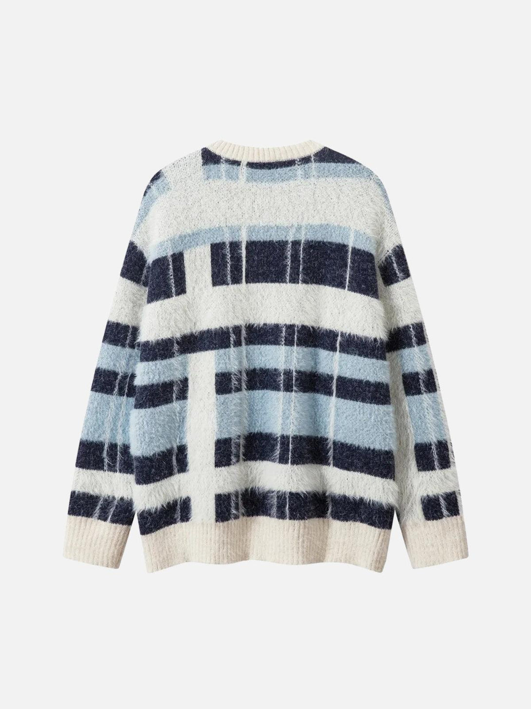 Back view of a cozy TALISHKO sweater with bold blue and black stripes, perfect for layering.
