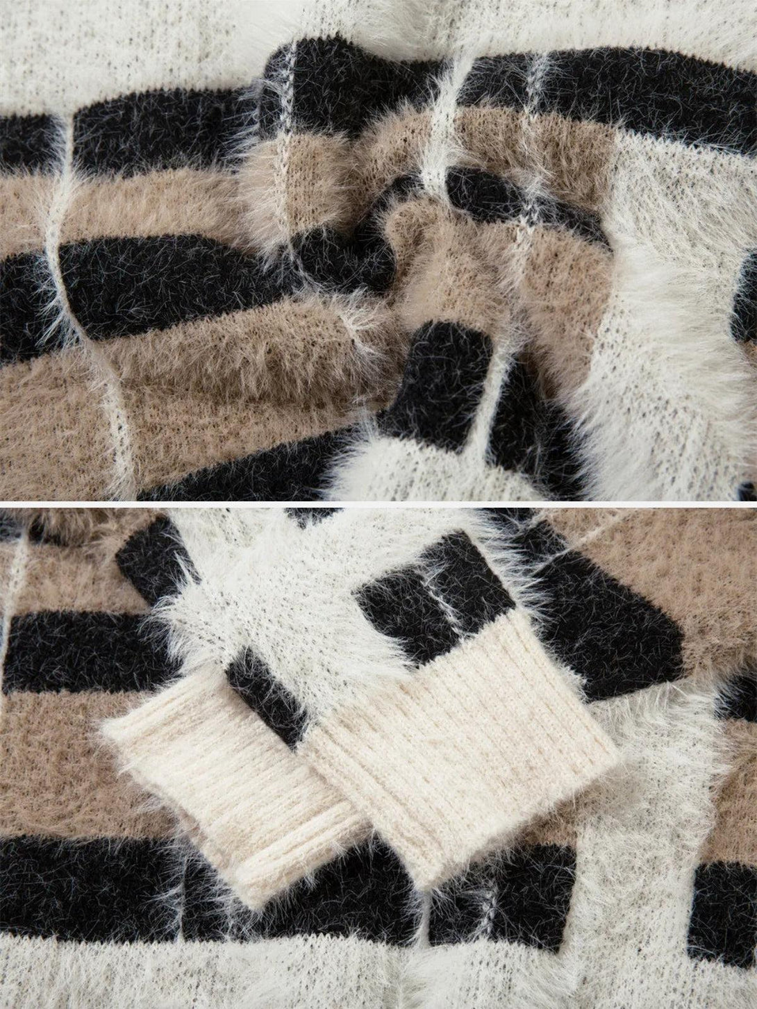 Detailed fabric and pattern of TALISHKO's striped sweater, highlighting fuzzy texture.