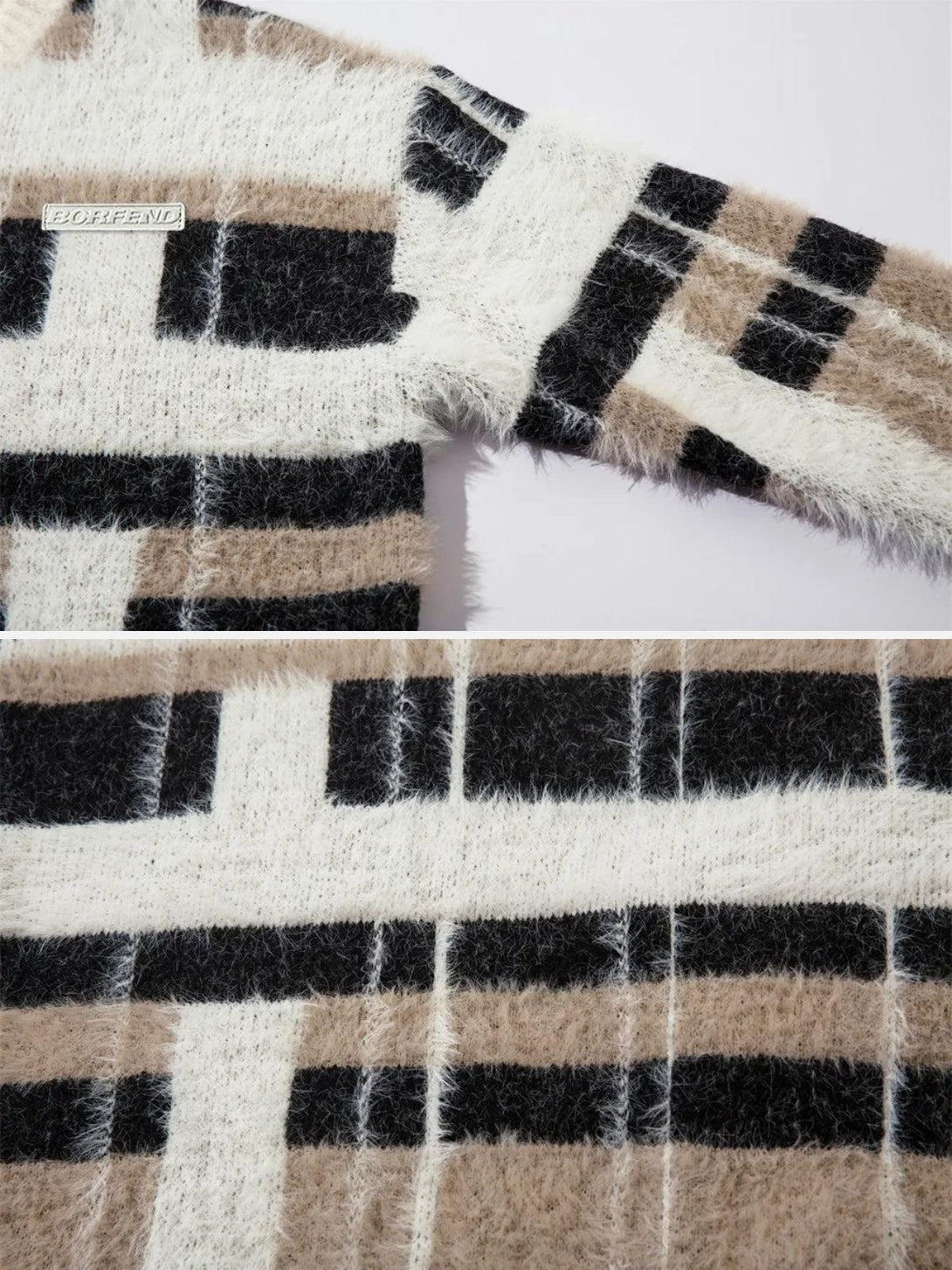 A detailed view of the TALISHKO sweater's fuzzy texture and bold black and beige stripes.
