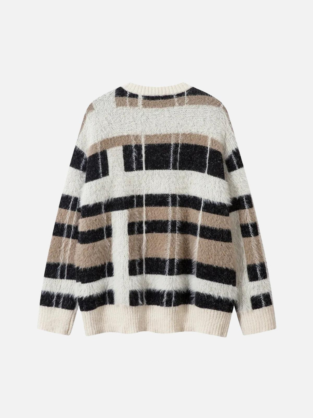 Back view of a TALISHKO sweater with bold black and beige contrast stripes.