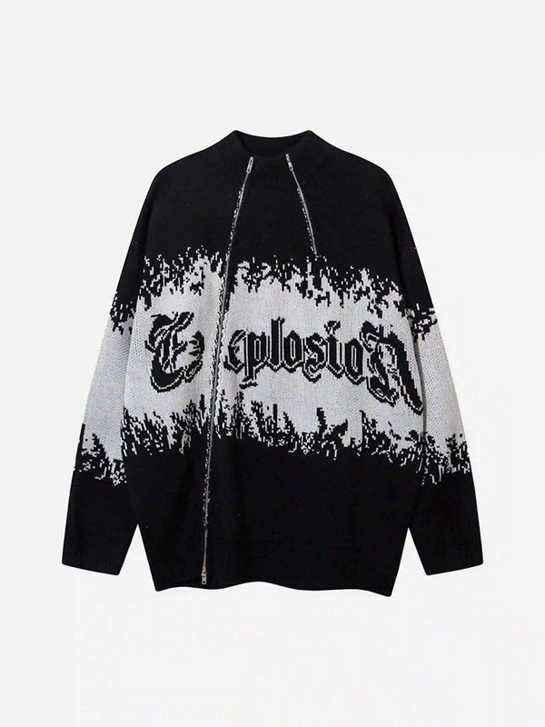 TALISHKO Asymmetric Jacquard Stitching With Two-Way Zipper Sweater