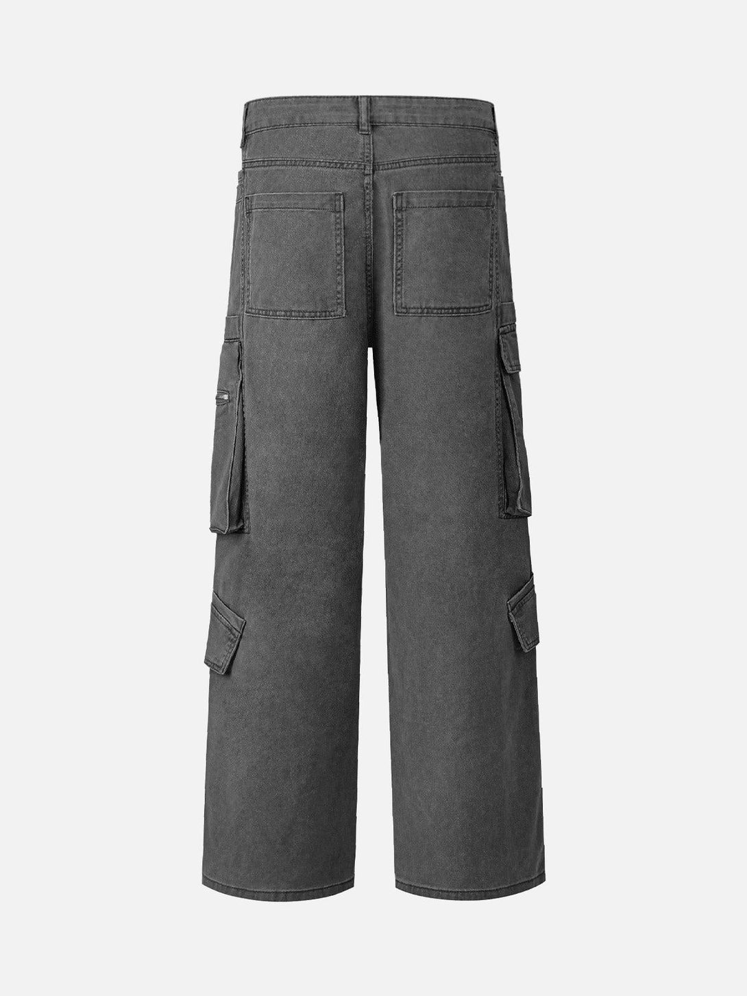 Back view of dark gray cotton cargo pants by TALISHKO, highlighting multiple pockets and casual style.