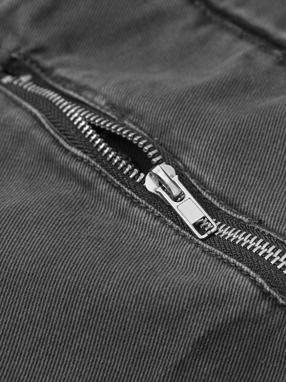 Intricate look at zipper detail on dark gray cargo pants by TALISHKO, showcasing craftsmanship.
