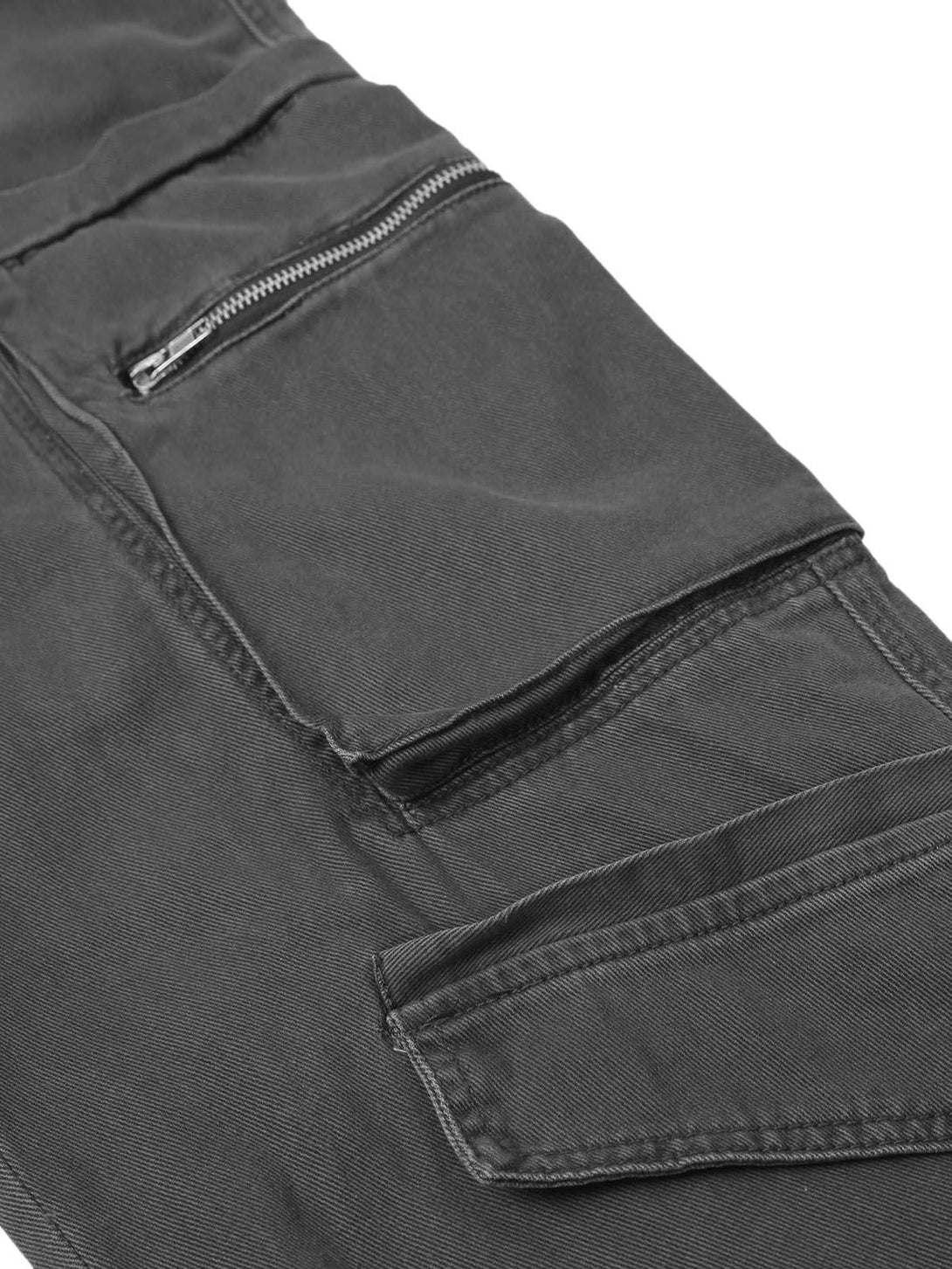 A detailed view of dark gray cargo pant pockets by TALISHKO, highlighting zipper detail.