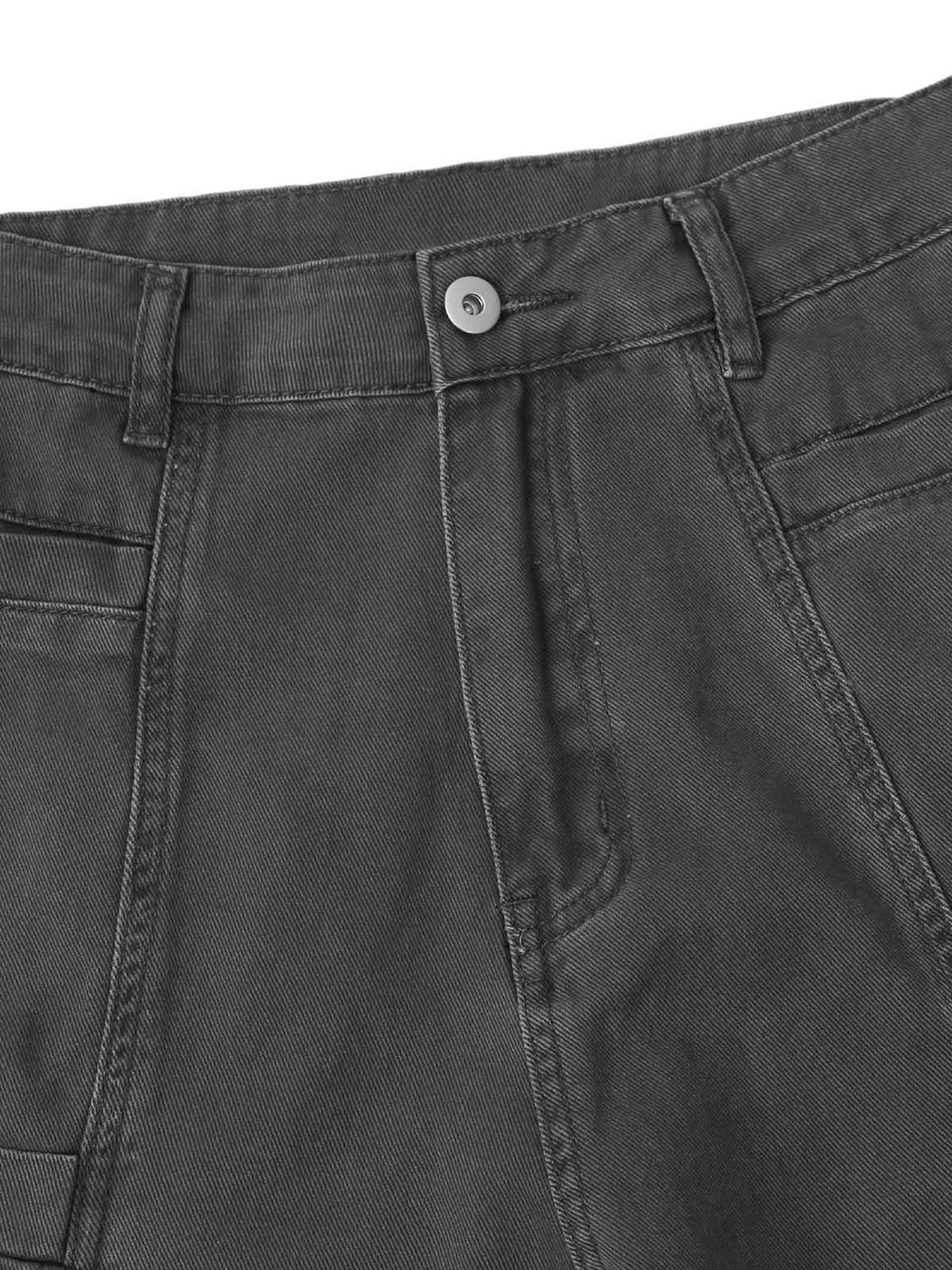 Focusing on the waistband and pocket details of dark gray cargo pants by TALISHKO.