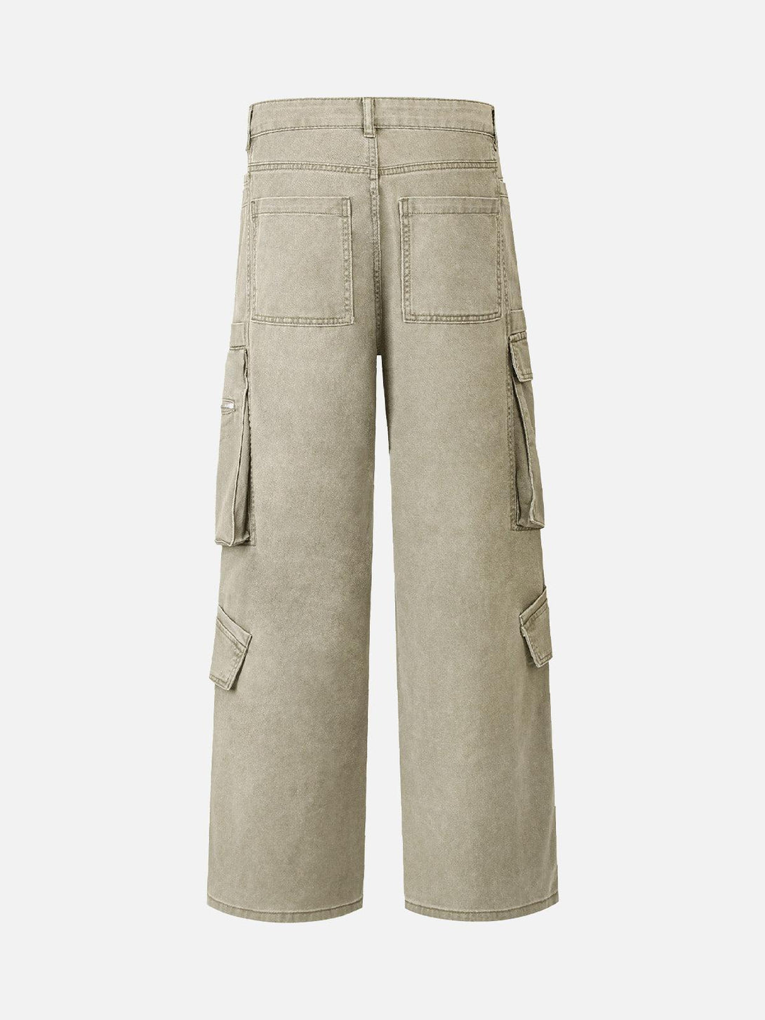 Back view of cotton cargo pants by TALISHKO, showcasing multiple pockets and a relaxed fit.