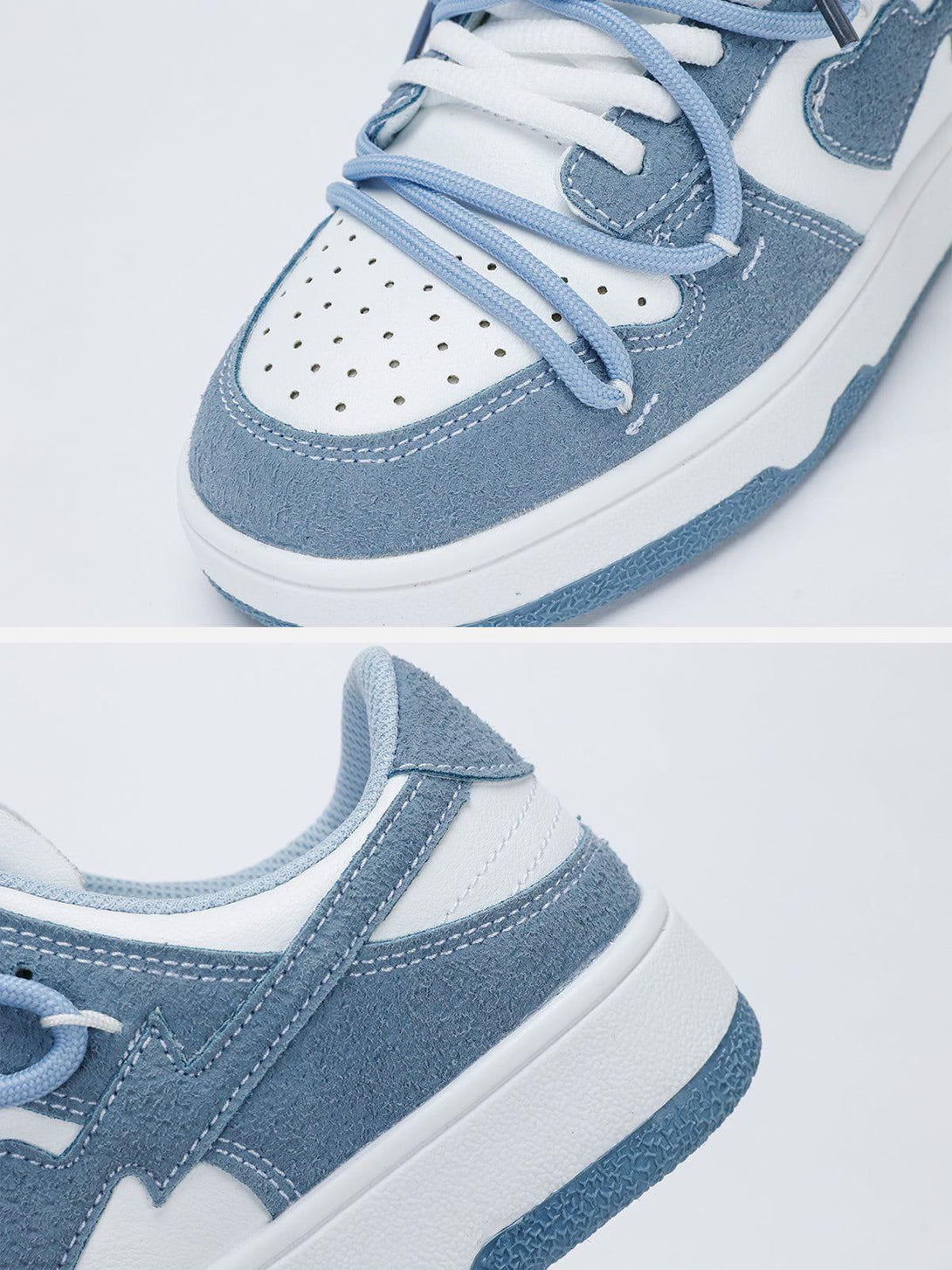 A detailed view of TALISHKO sneakers, highlighting blue suede and textured stitching.
