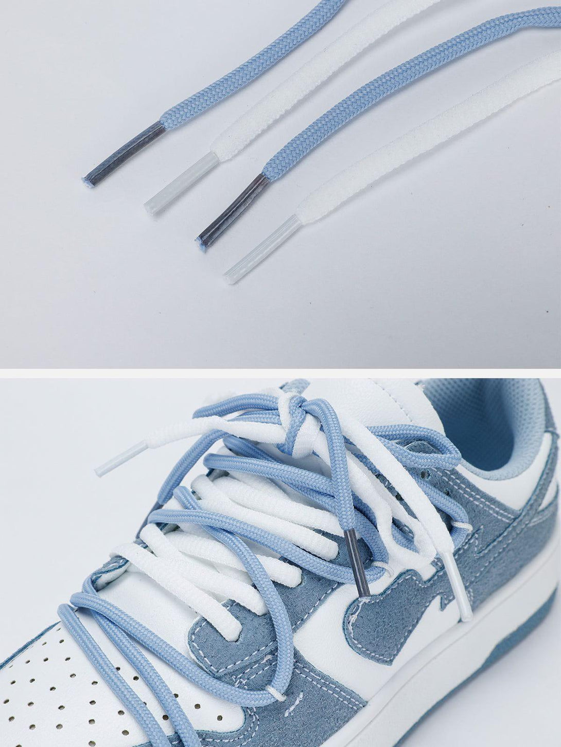 A close-up of blue and white sneaker laces by TALISHKO, highlighting dual-color detail.